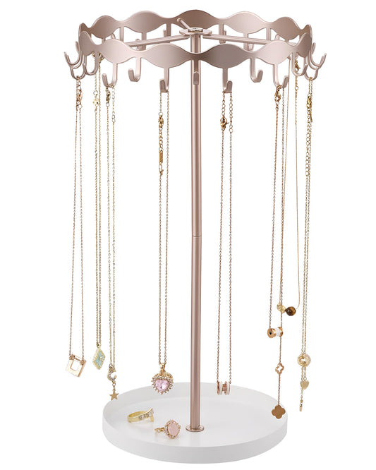 Lolalet Necklace Organizer Holder, Jewelry Display Rack Tree Stand with 26 Hooks & Metal Base Tray, Tall Hanging Storage for Necklaces, Keychains, Bracelets, Mothers Day Gift for Women -Rosegold