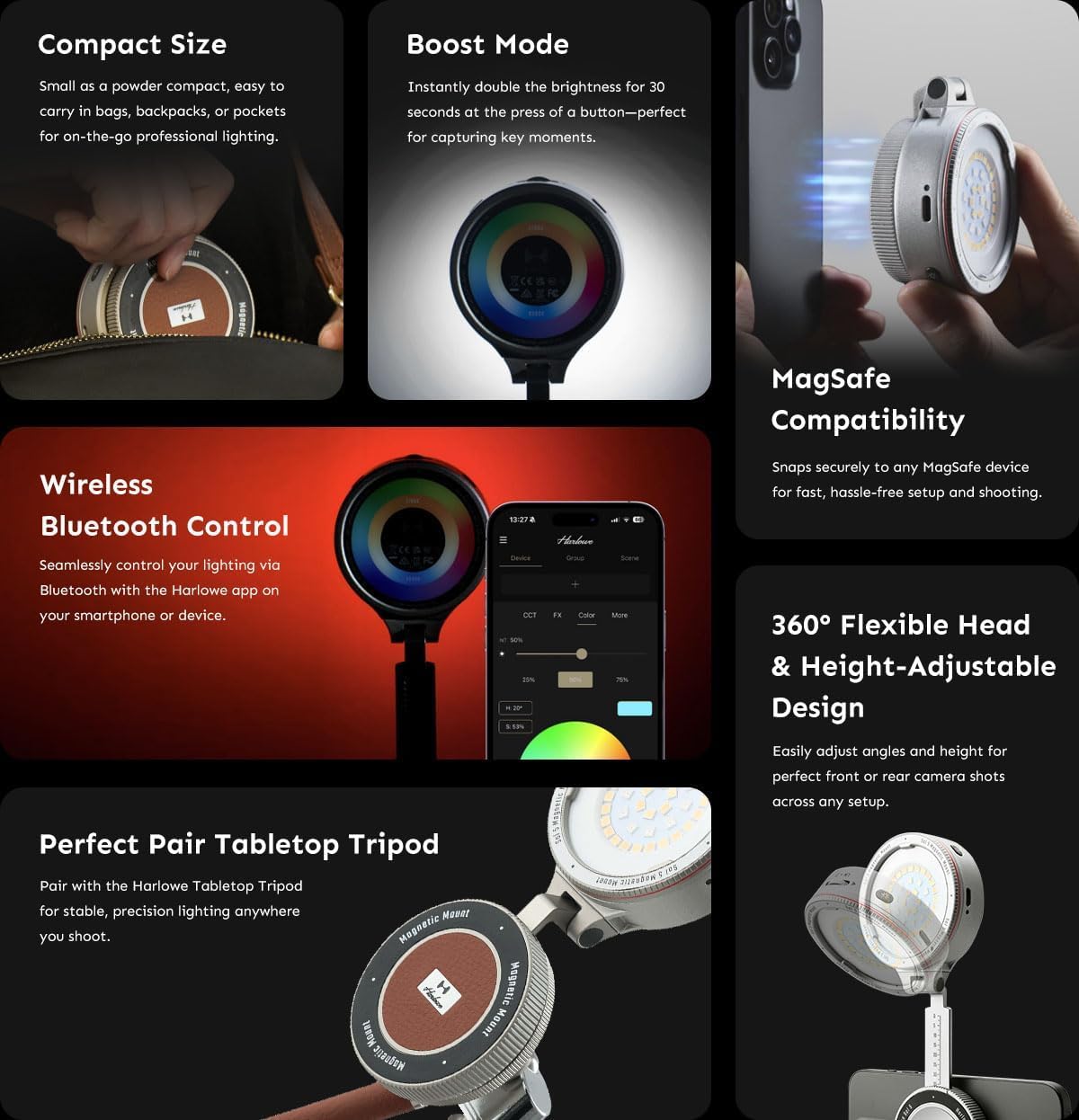 Harlowe Sol 5 Spectra MagSafe RGB Video Light Creator Kit, RGBCW Pocket Video Light for iPhone, Portable Mobile Studio Lighting System for Content Creation, Vlogging, Live Streaming & Photography