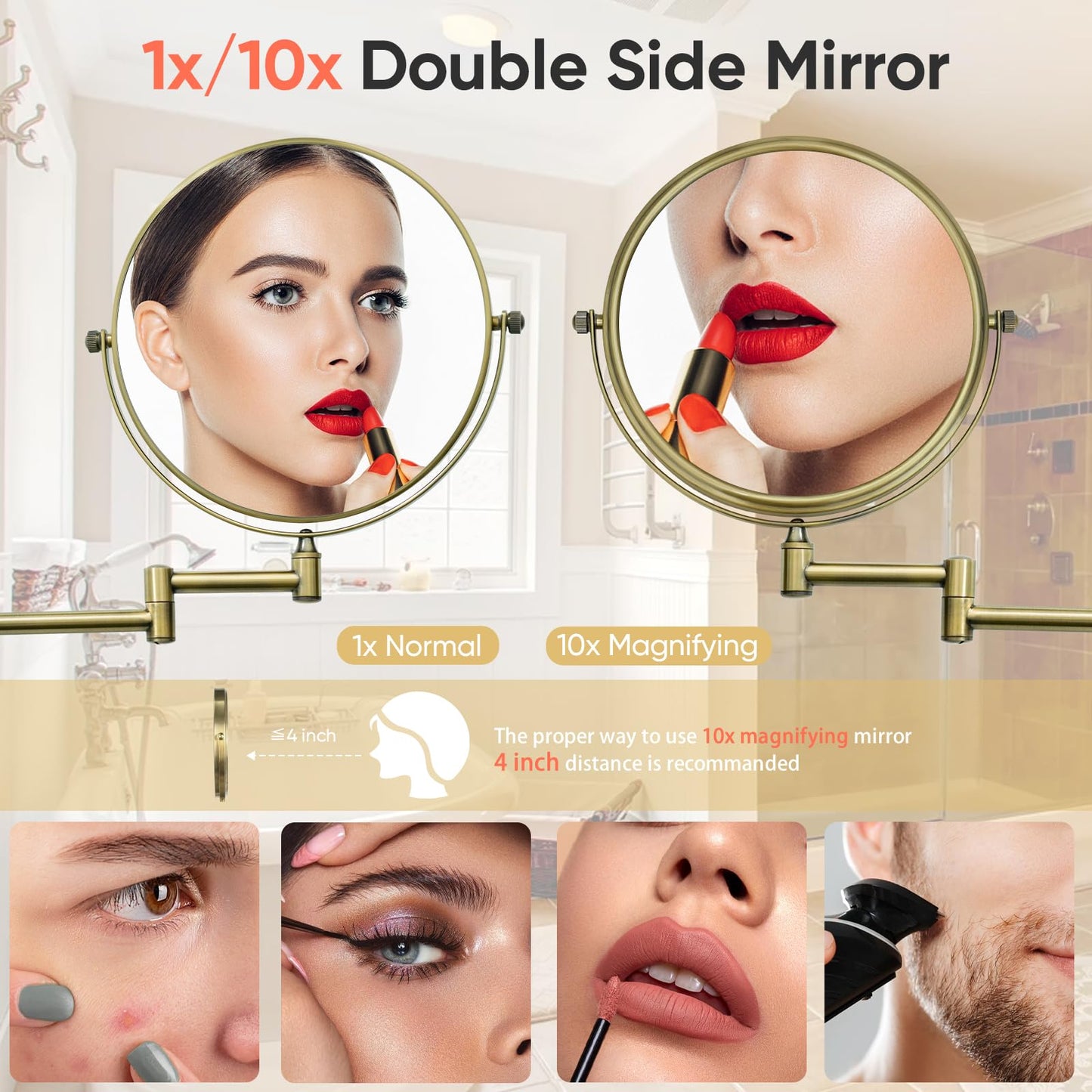 GURUN 8-Inch Double-Sided Wall Mount Makeup Mirrors with 10x Magnification Bathroom Mirror for Hotel Antique Satin Brass Finished M1406K(8in,10X), Gifts for Mom, Mothers Day, Women
