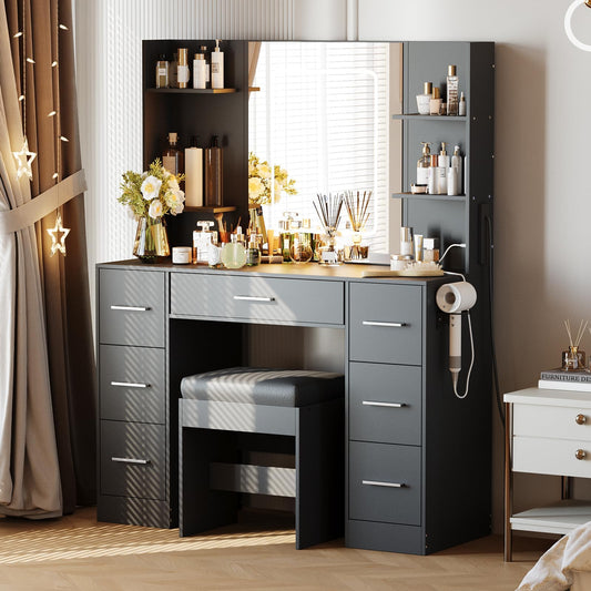 GAOMON Makeup Vanity with Mirror and Chair, Power Outlet, Hairdryer Holder, 7 Drawers, 3 Lighting Modes Brightness Adjustable Dressing Table for Bedroom