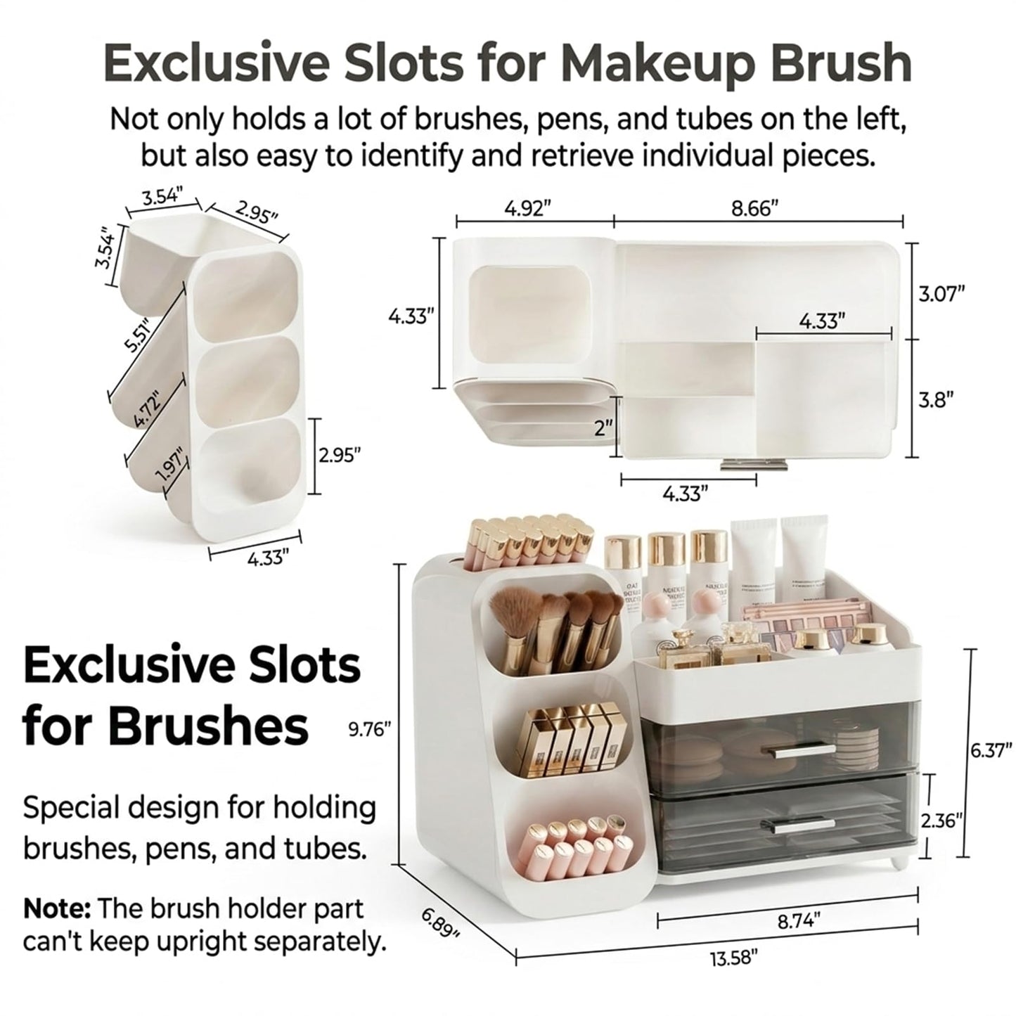 VegStow Makeup Organizer with Drawers & Brush Holder for Vanity - Organize Cosmetics Bathroom Countertop Storage Skin care Essentials Dresser, Bathroom, Office Countertop (White)