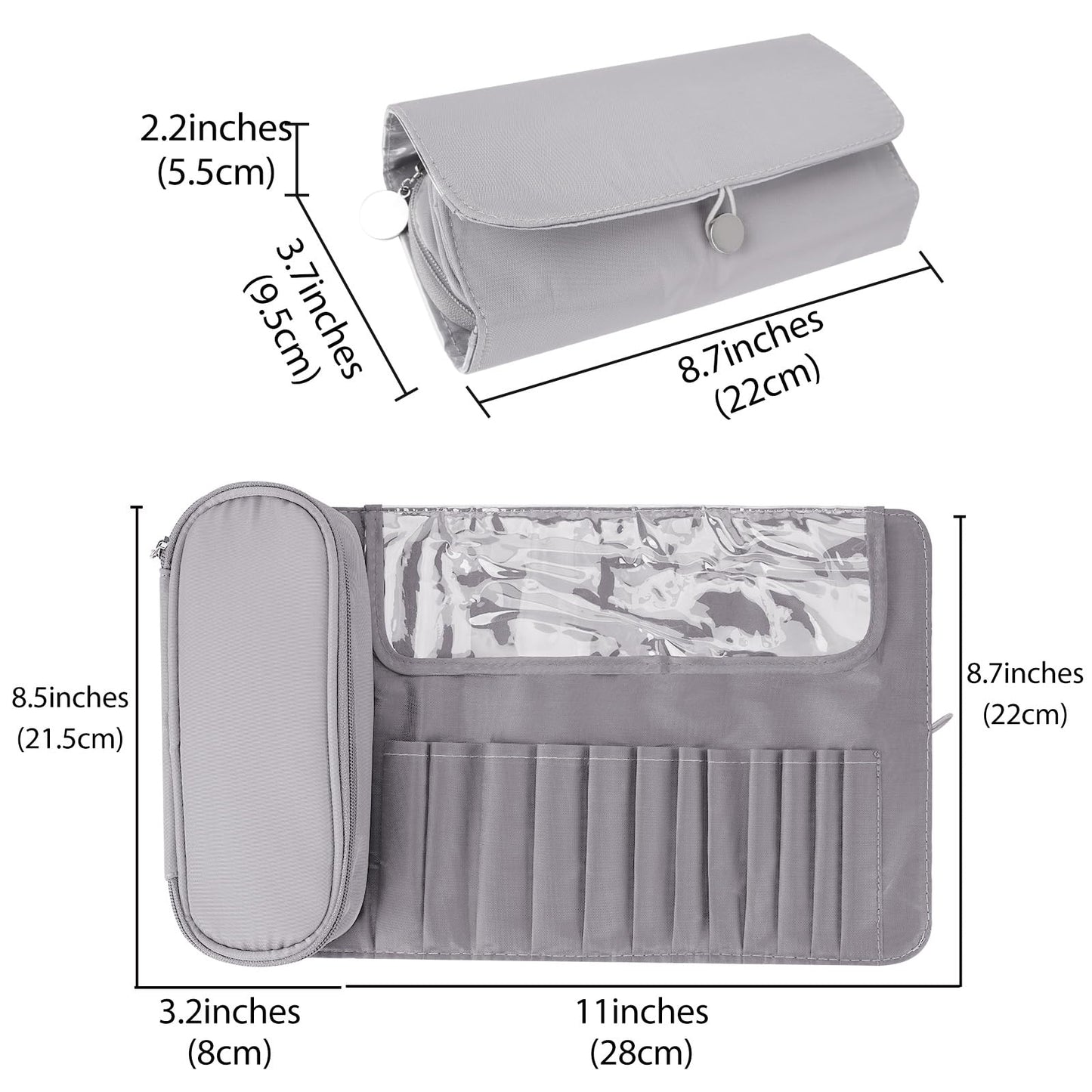 LUEXBOX Portable Folding Makeup Brush Bag, Multifunctional Cosmetics Rolling Storage Case Makeup Brush Holder for Travel, Makeup Brush Organizer Bag (Grey)