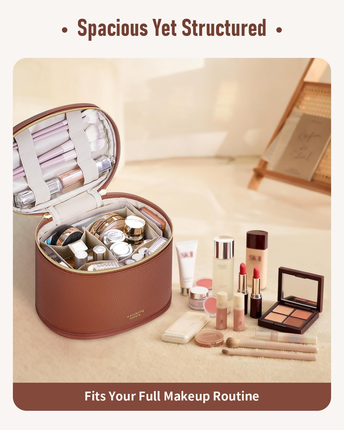 Wandering Nature Travel Makeup Bag for Women, Structured Vanity Case with Wipe-Clean EVA Interior & Removable Divider, Brush Loops, Fold-Flat PU Leather Makeup Case with Handle
