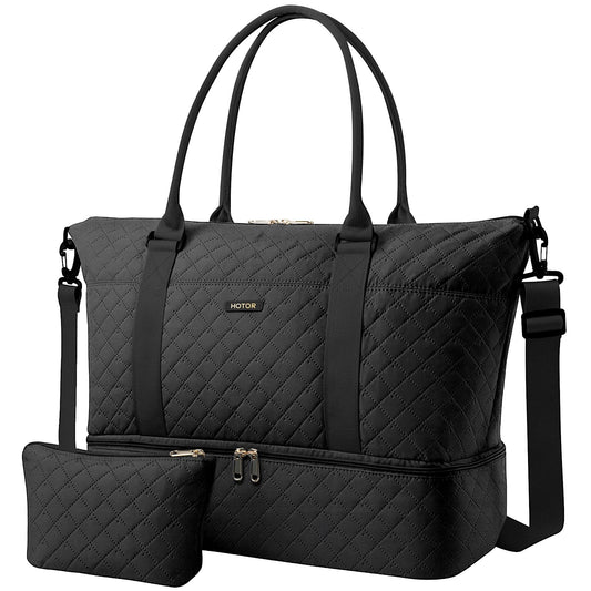 HOTOR Travel Duffel Bag - Weekender Bags for Women, Gym Tote Bags with Shoe Compartment, Carry On Overnight Bag with Toiletry Bag for Travel Essentials and Travel Accessories, Black, 13.4"×17.3"×7.9"