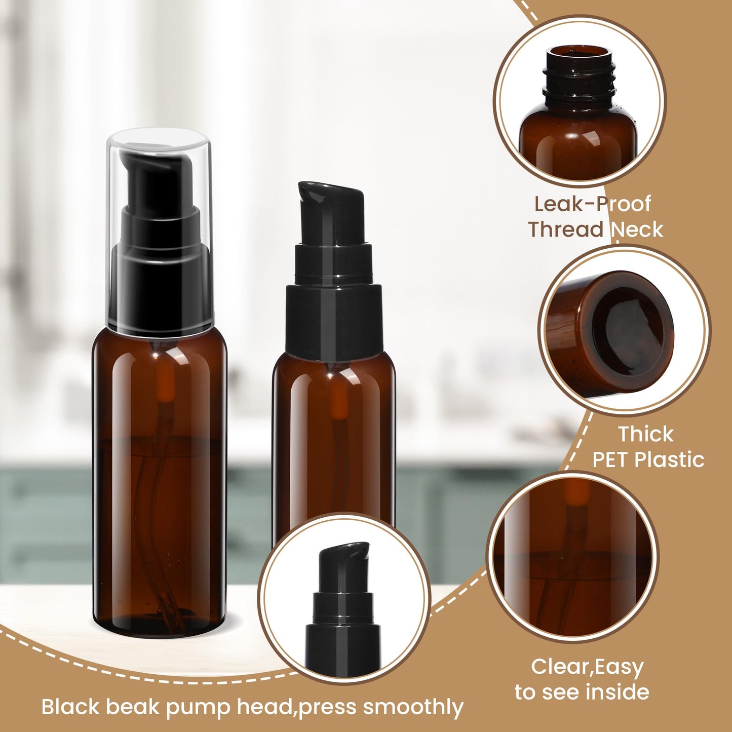 VIDELLY 10 Pieces Travel Bottles Pump Bottles Dispenser 2oz/50ml Plastic Lotion Pump Bottle Clear Travel Toiletry Bottle Empty Spray Bottle with Black Cap for Lotion Cream Essential Oil(Brown)