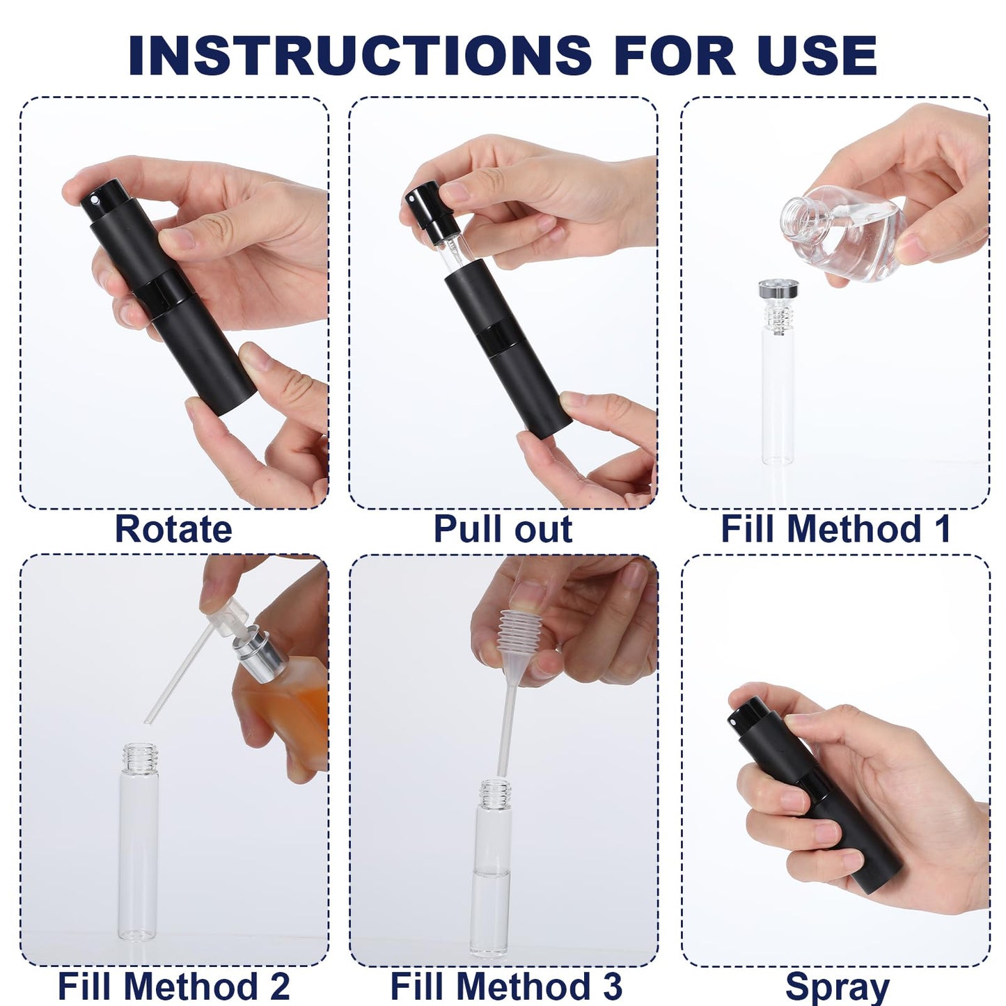 MAQUITA 15 Pieces Travel Perfume Atomizer, Refillable Perfume Bottle, Portable Cologne Sprayer, Aluminum Glass, Black