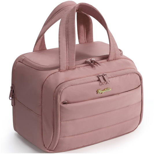 Bagstellar Travel Toiletry Bag for Women, Lightweight Large Quilted Puffy Makeup Bag Wide-open Make up Organizer Cloud Cosmetic Bag w/Handle for Traveling, Toiletries Essentials Accessories Dark Pink