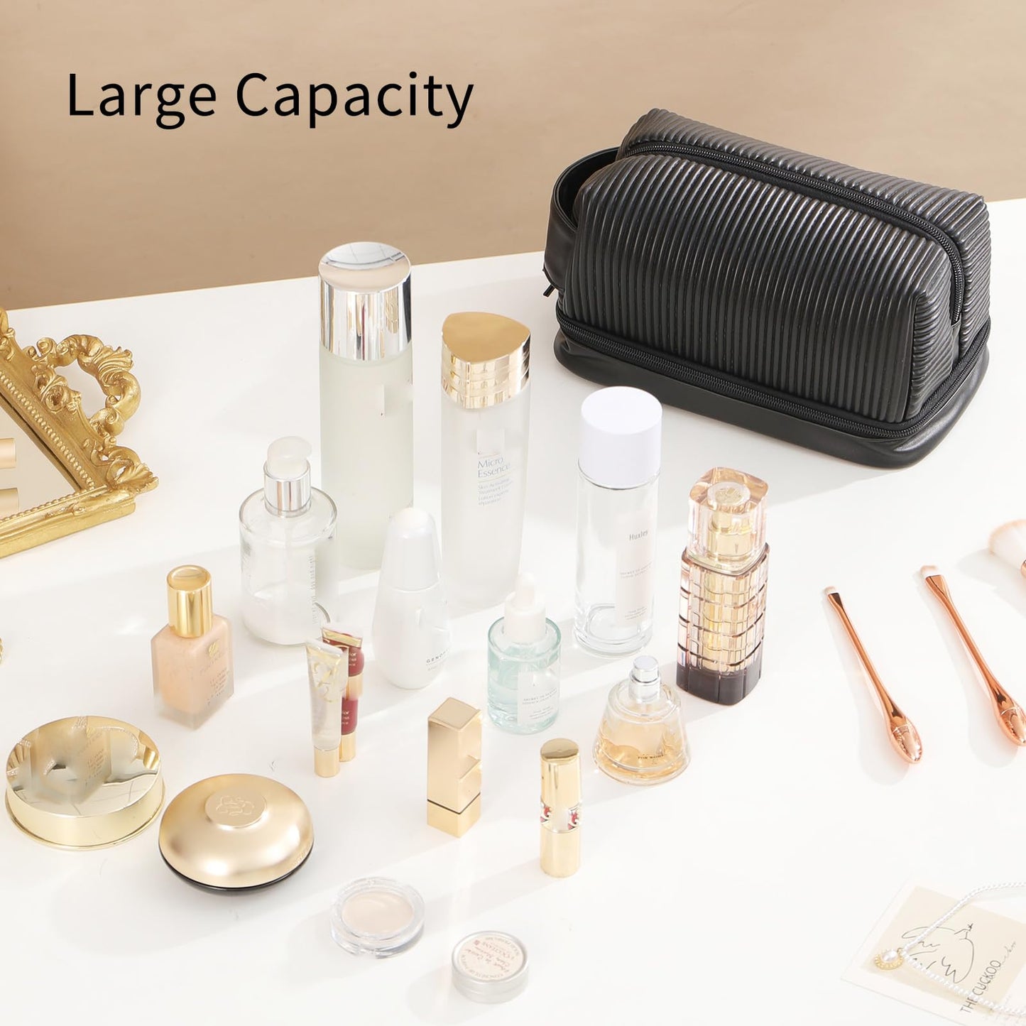 bagINBAG QIANPA Makeup Bag, Large Double Layer Waterproof Travel Bag with Handle and Brush Compartment for Women (Black)