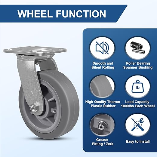 6 Inch Rubber Wheels (Flat Tread)- Heavy Duty Casters, Industrial Caster Wheels- with up to 1000 LB Capacity- Use for Dollies, Utility and Maintenance Carts(12 Swivel)