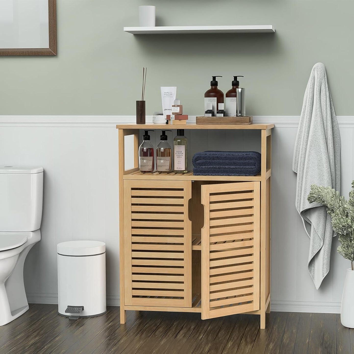 FoverOne Bamboo Bathroom Storage Cabinet with 2 Doors, Bathroom Floor Freestanding Cabinets Organizer for Living Room, Kitchen, Entryway