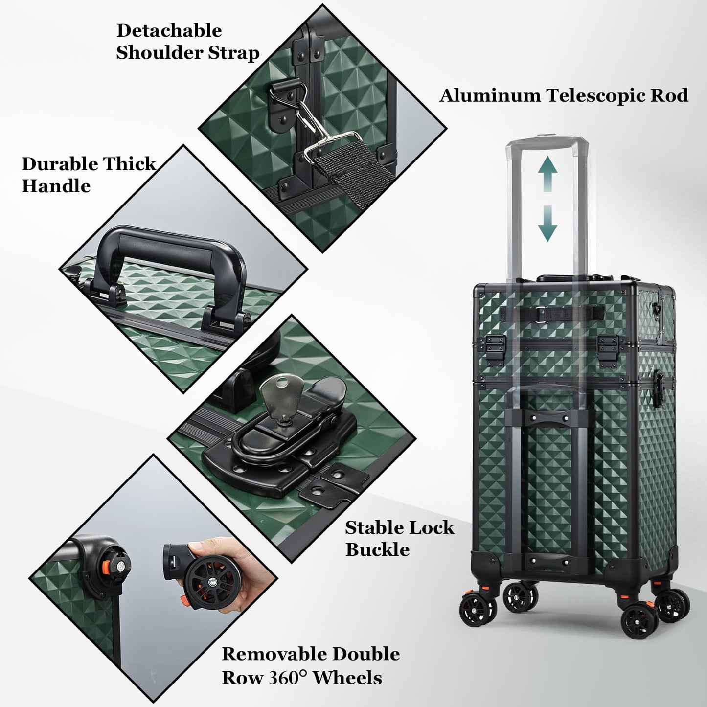 Joligrace Rolling Makeup Case with Drawers - Tattoo Storage Organizer Travel Cart for Nail Tech, Cosmetology, Barber Tools - Portable Suitcase on Wheels Dark Green
