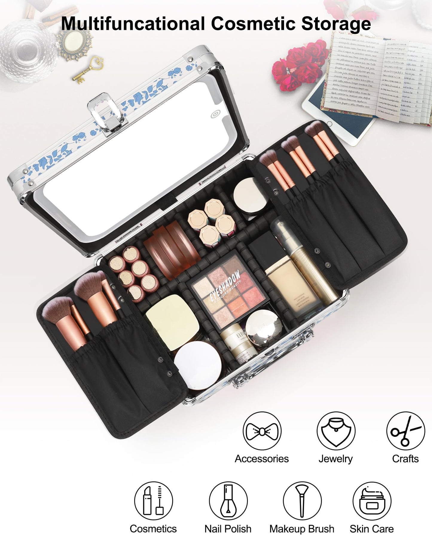 Relavel Makeup Bag with LED Mirror, Makeup Box Travel Train Case with Rechargeable Lighted Mirror, Cosmetic Brush Organizer Storage for Makeup Artists Gifts for Women and Girls, Floral Print