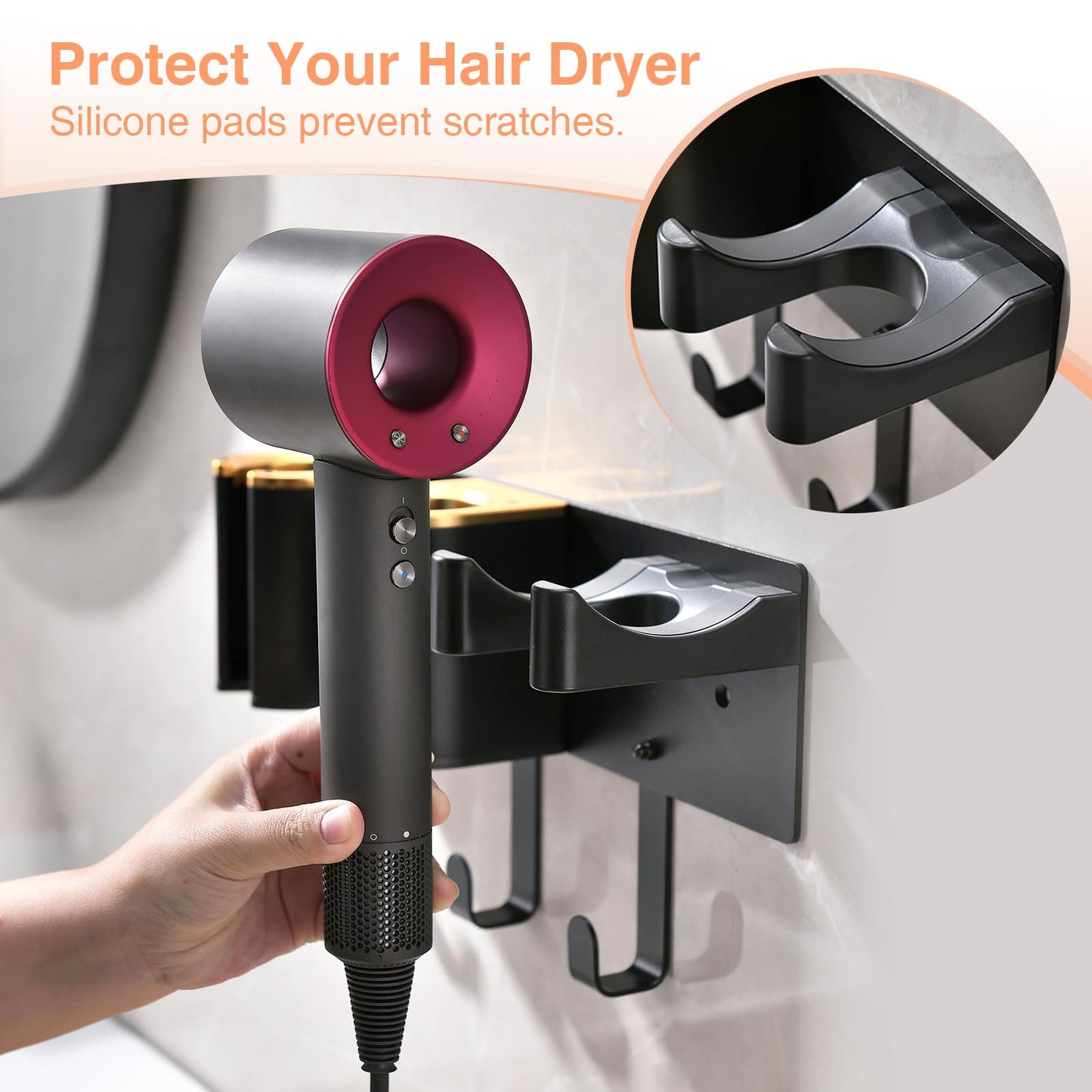 HAVICATO Hair Tool Organizer Wall Mount, Hair Dryer Curling iron Organizer, Flat Iron Straightener Holder, Aluminum Alloy & ABS plastic, Black and Gold (Not Including Hair Tools)