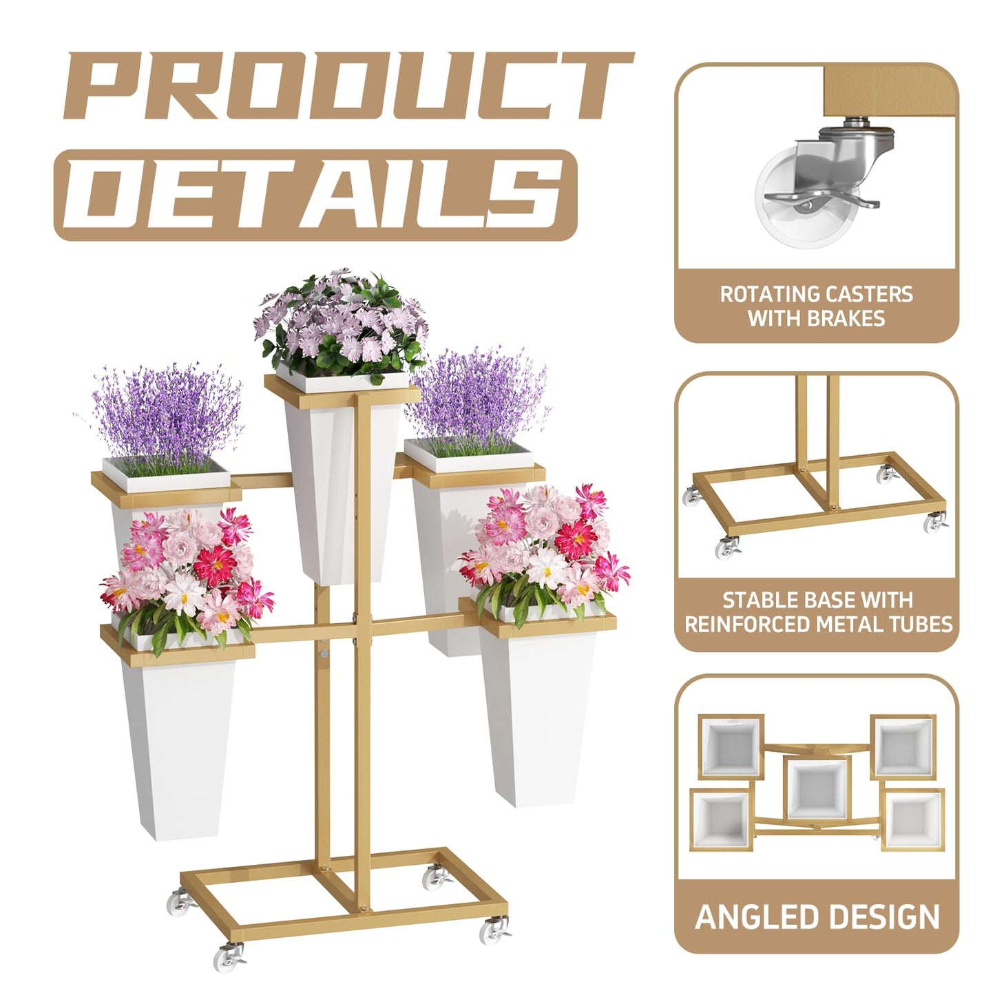 MILEFA Flower bar Stand with Buckets, Moving Flower Display Stand with Wheels, Metal Flower Cart for Bridal Shower, Wedding, Party, Garden, Gold