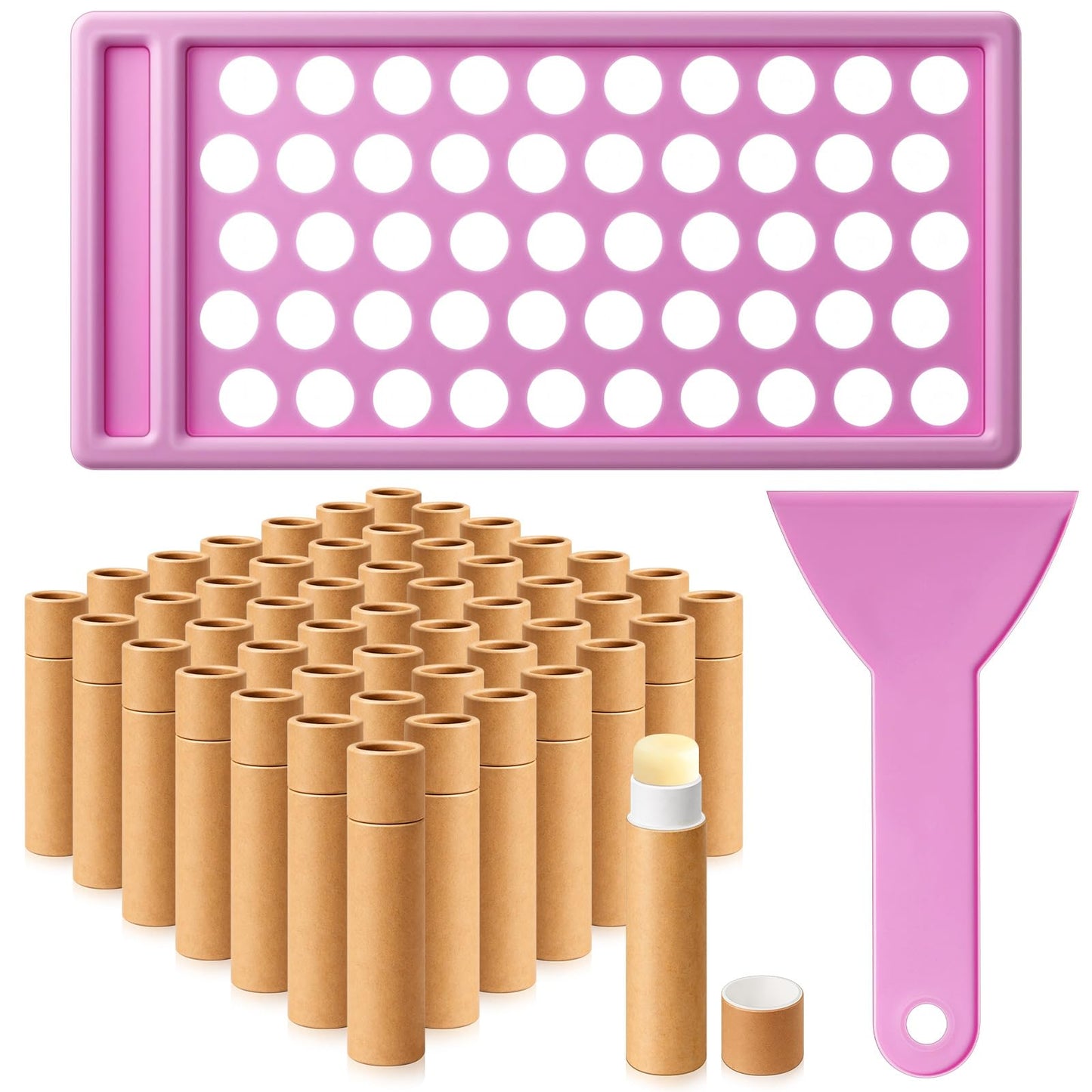 Fuyoooo 50 Pcs Paperboard Lip Balm Tubes with Filling Tray and Spatula Set, 0.176 Oz/5g Empty Cardboard Lipstick Tubes for Lip Gloss Container DIY for Lipstick Gloss Deodorant Solid Perfume (Cowhide)