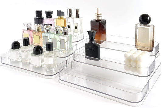 Rusnugic Perfume Organizer - 2 Pack Three-Tiered Shelf - Perfume Lotion Skincare Stand, Spice Vitamins Medicine Bottles Holder,Sturdy Clear Rack for Kitchen Bathroom Countertop Cabinet Storage