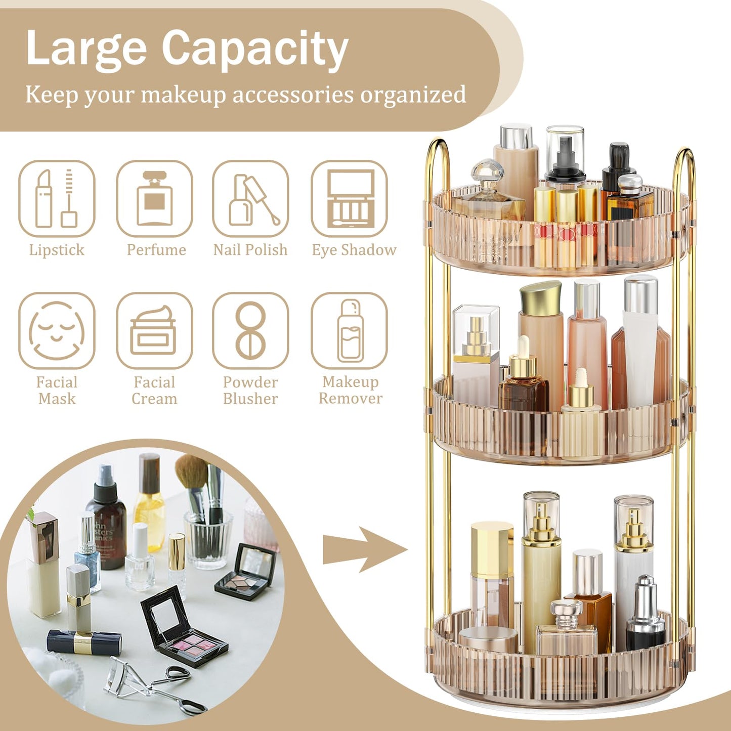 MOKANI 360 Rotating Makeup Organizer for Vanity, 3 Tier Adjustable Perfume Organizer for Dresser, Multi-Function Spinning Cosmetics Skincare Storage for Bedroom, Dresser, Countertop, Amber