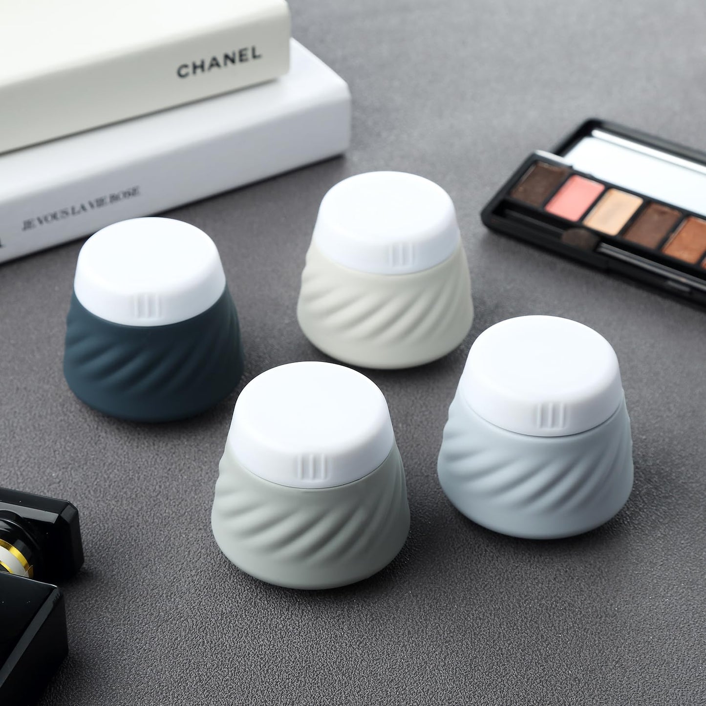 Gemice TSA Approved Travel Containers for Toiletries, 4 Pack Silicone Cream Jars with Convenient Toiletry Bag, Leak-proof Wide Mouth Travel-Size Toiletries Containers with Lid for Cosmetic Cream