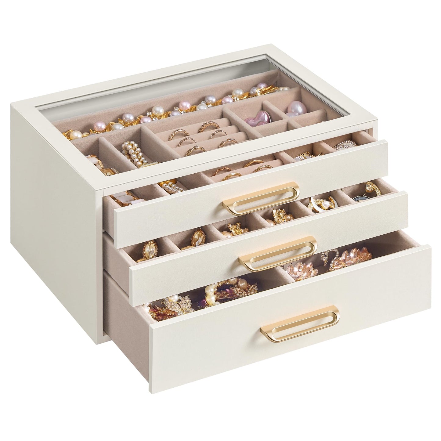 SONGMICS 3-Layer Jewelry Box with Glass Window, Jewelry Storage Organizer with 3 Drawers, Golden Handles, for Rings, Earrings, Bracelets, Gift Idea, Cream White, 6.3 x 9.4 x 4.9 Inches UJBC206WD02S