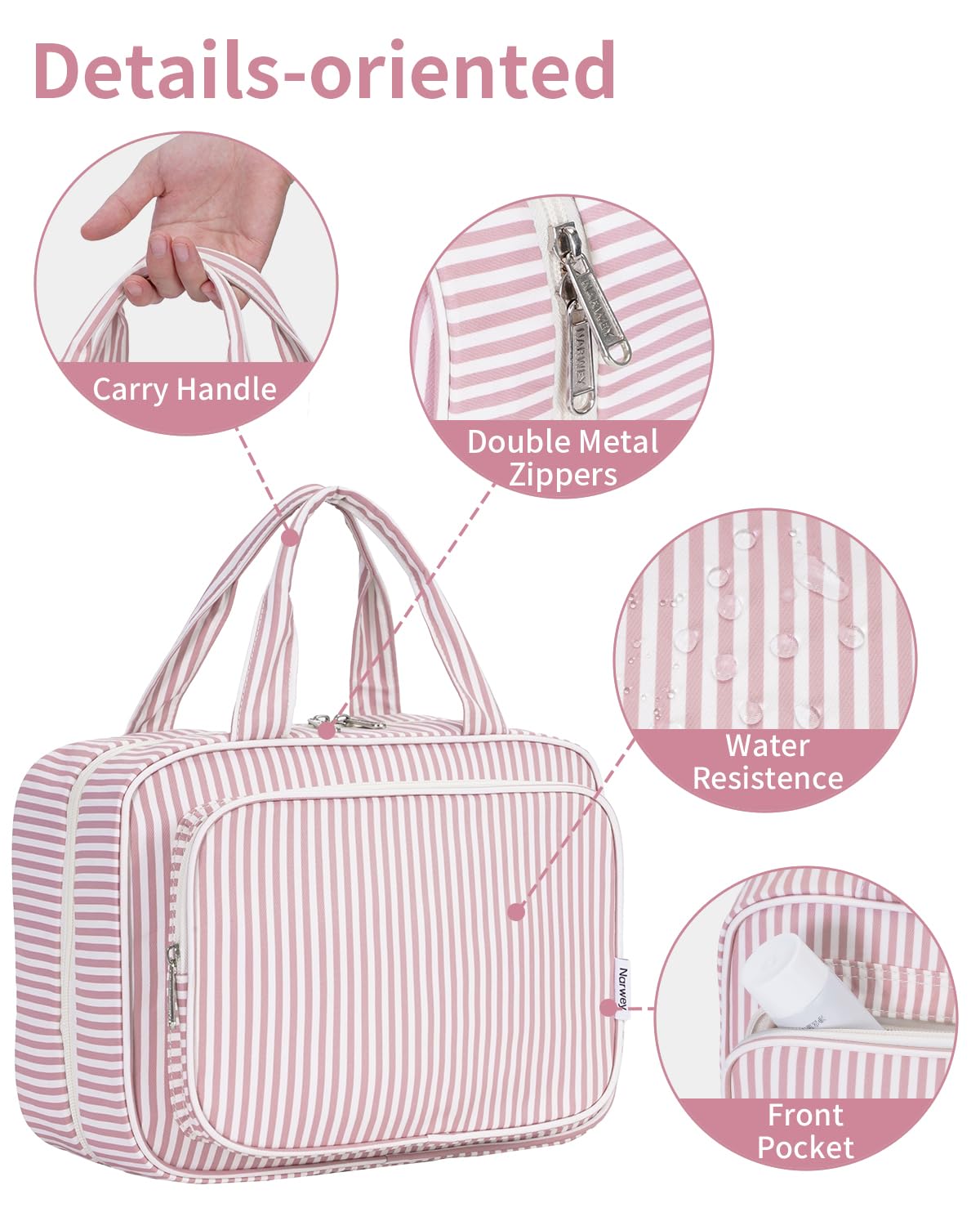 Narwey Striped Travel Toiletry Bag for Women Large Hanging Makeup Bag Organizer Toiletries Bag for Full Size Essentials Accessories Cosmetics (Dusty Pink Stripe (Large))