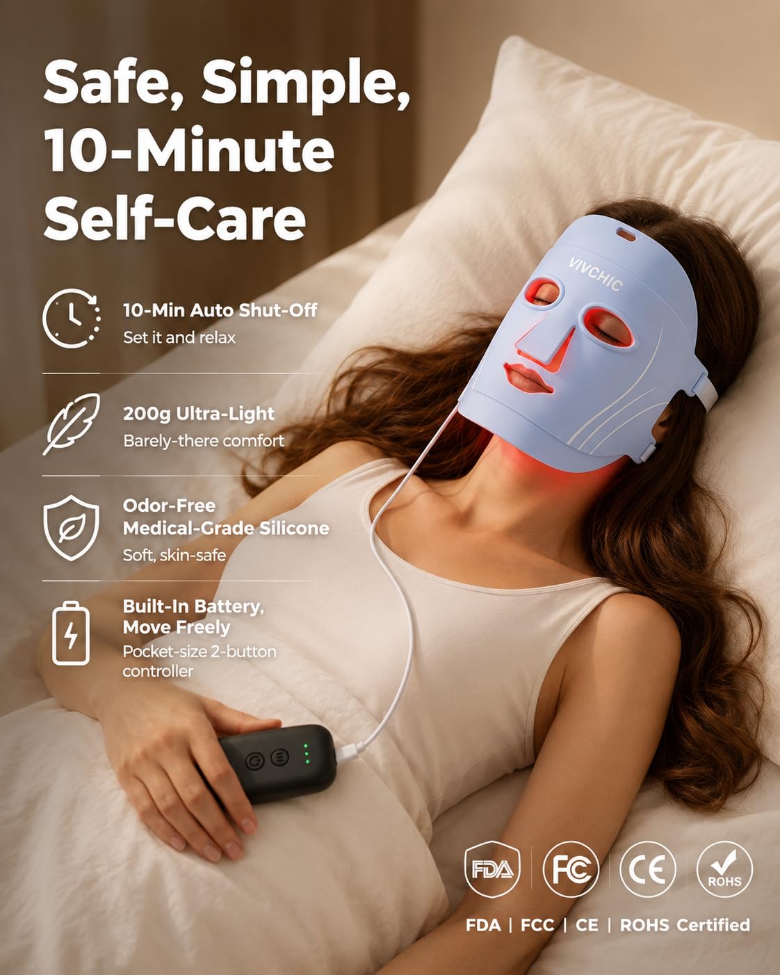 VIVCHIC LED Face Mask, FDA Cleared Red Light Therapy for At-Home Anti Aging