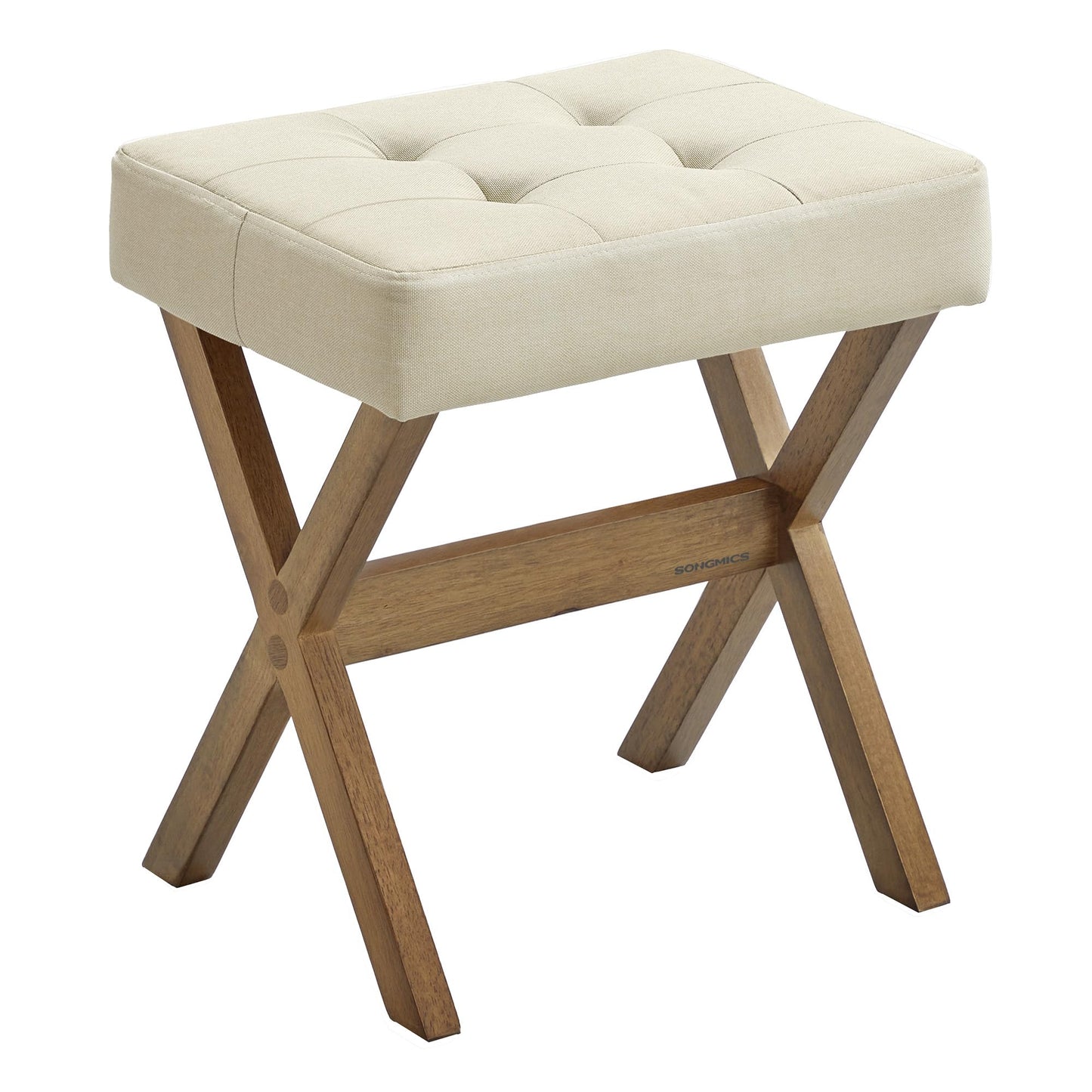 SONGMICS Makeup Stool, Padded Vanity Stool, Foot Rest, Solid Wood X Legs, for Bedroom, Closet, Entryway, 12.6 x 16.5 x 18.1 Inches, Summer Sand and Brown ULSF006LF01