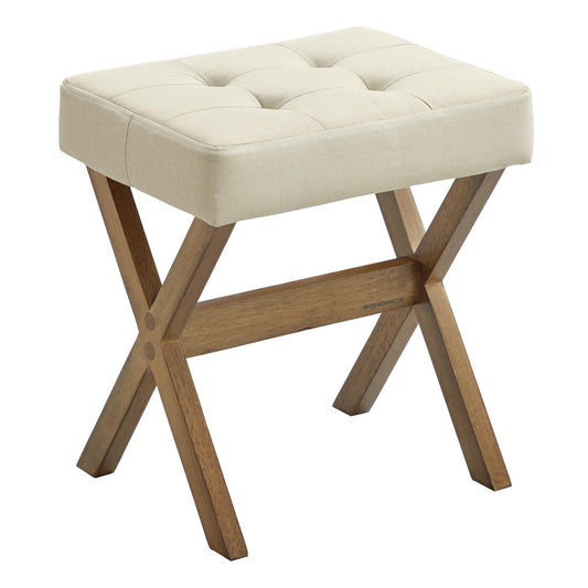 SONGMICS Makeup Stool, Padded Vanity Stool, Foot Rest, Solid Wood X Legs, for Bedroom, Closet, Entryway, 12.6 x 16.5 x 18.1 Inches, Summer Sand and Brown ULSF006LF01