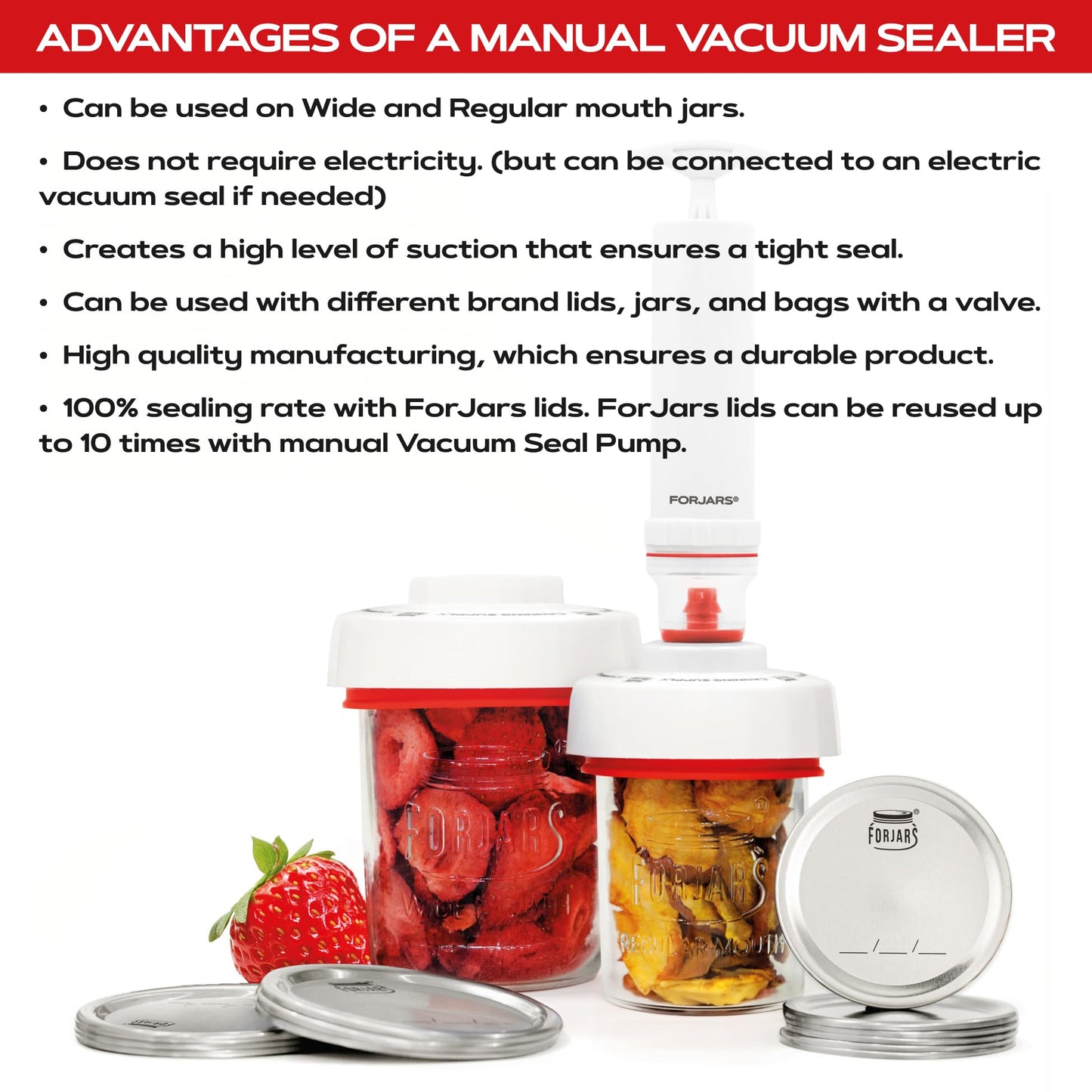 FORJARS Jar Vacuum Sealer Accessory Set for Mason Jars - Compatible with Regular and Wide Mouths, Cordless Pump for Portable Manual Hand Sealing, no electric. Vacuum Sealer with Plastic Lids