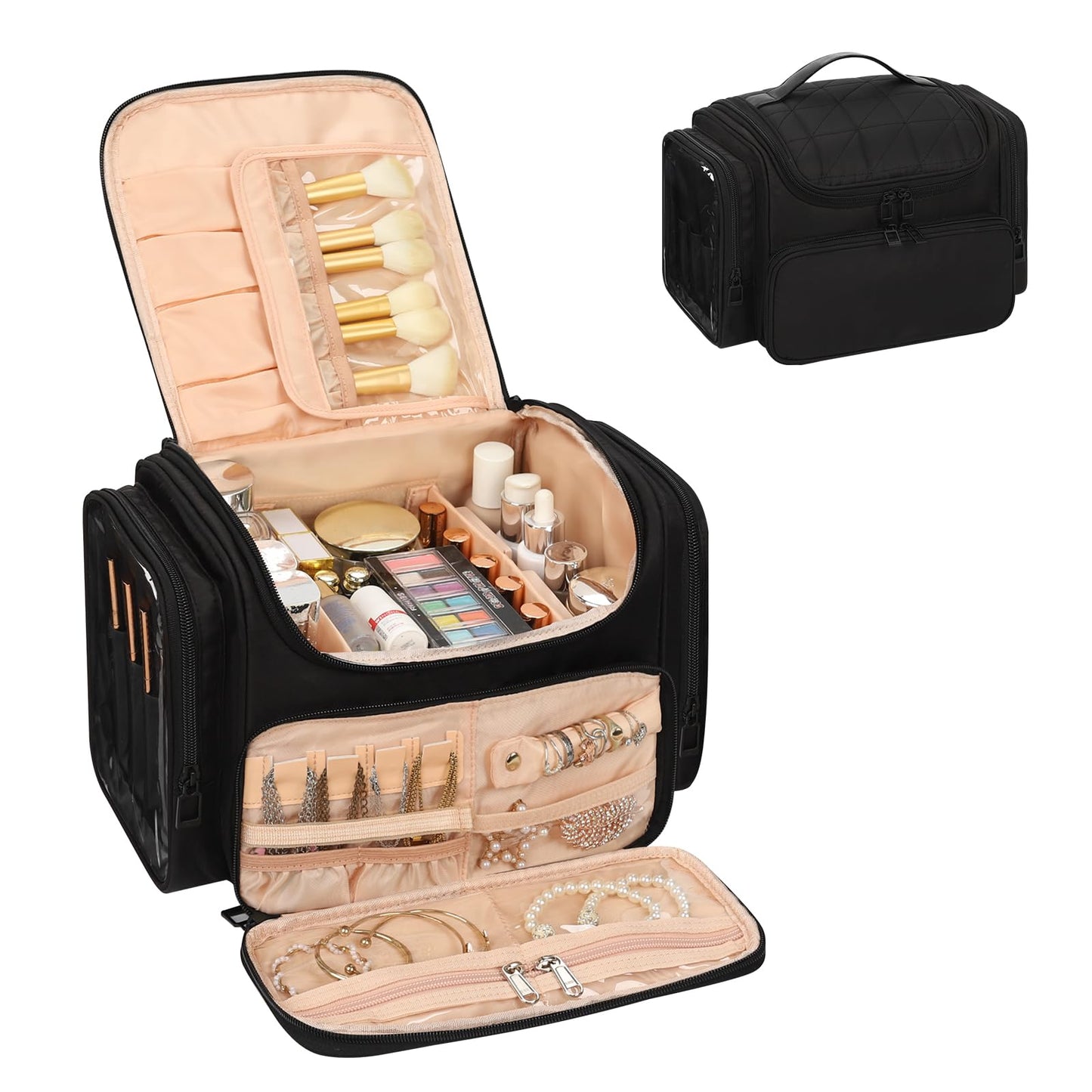 Large Makeup Bag with Jewelry Organizer, Travel Toiletry Bag for Women Girls with Makeup Brush Compartment & Two Side Pockets - XL Black