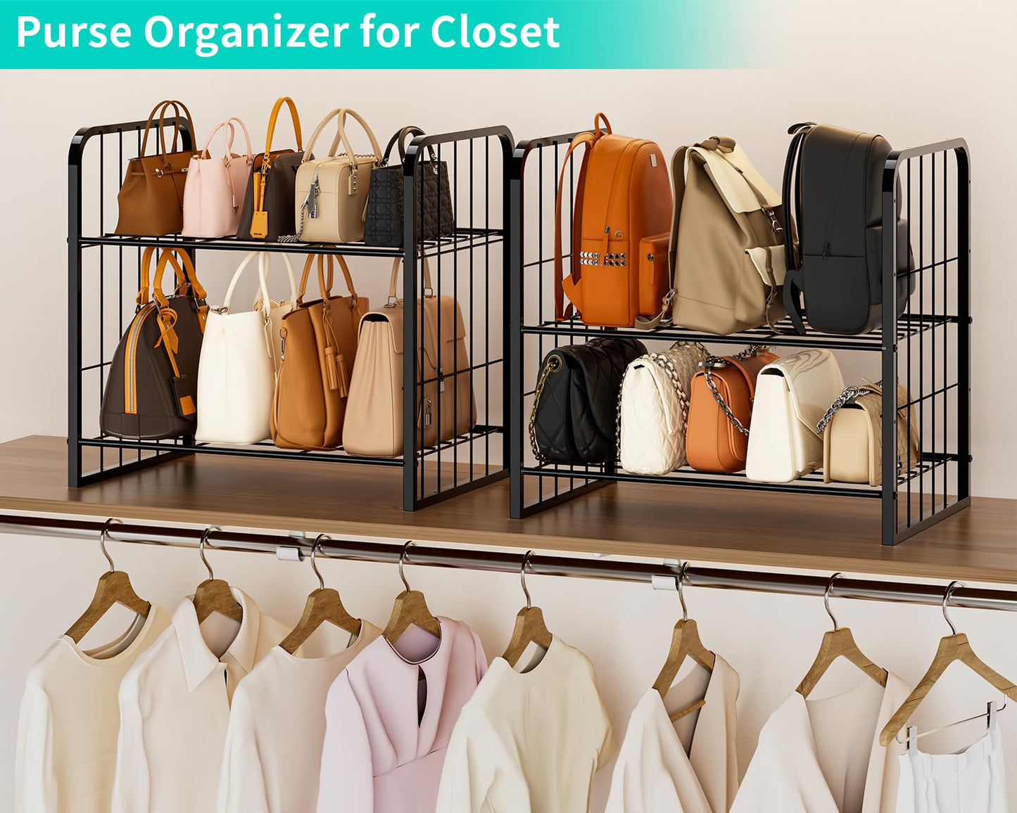 HapiRm Adjustable Purse Organizer for Closet - Purse Rack with Stackable & Separable Design, Large Capacity 4 Tier Handbag Organizer for Various of bags, Space-Saving bag rack for Home