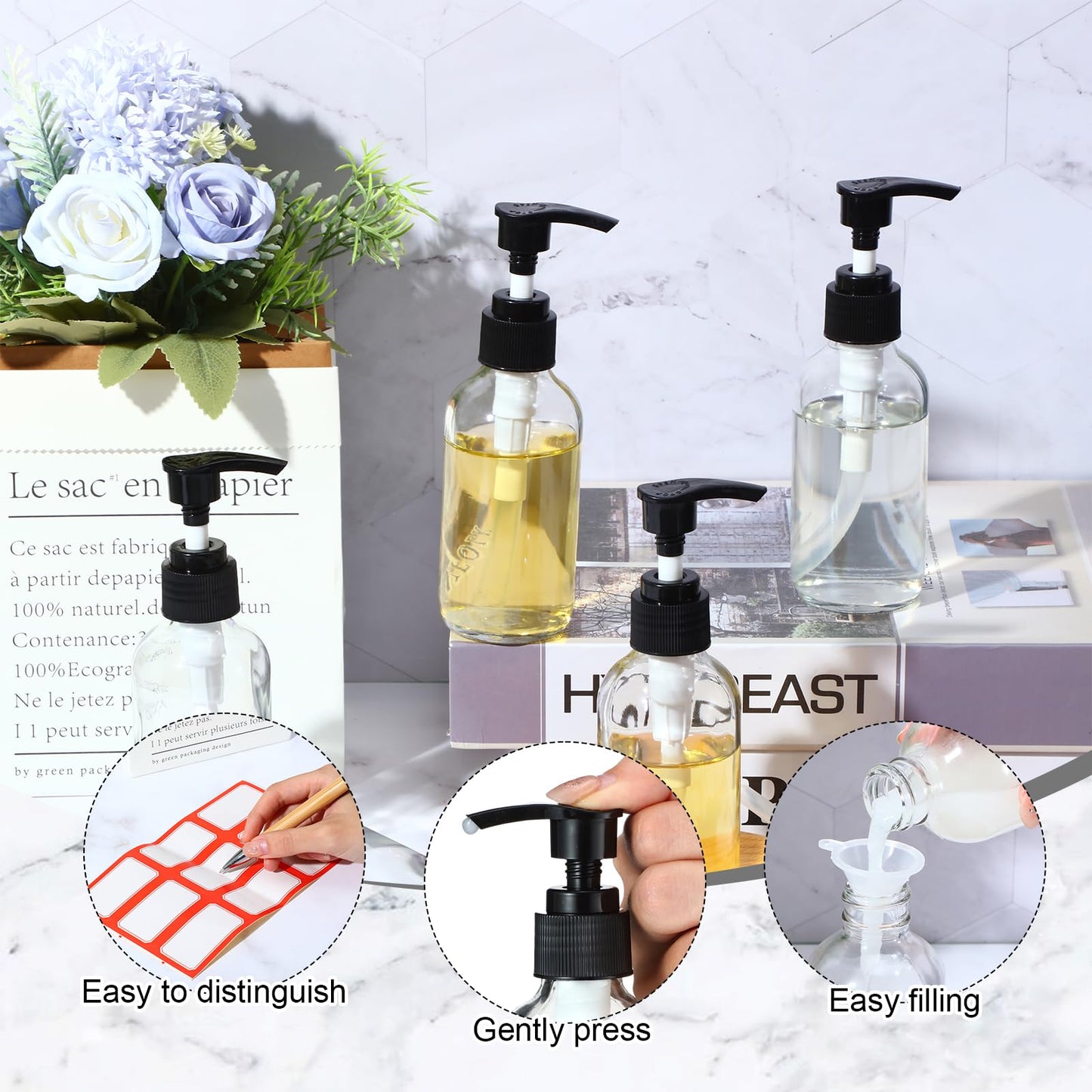 Tanlade 12 Pcs Glass Pump Bottle Dispenser 4 oz Travel Bottles with Pump Refillable Glass Containers for Toiletries Lotion Liquid Soap Shampoo Essential Oils Cosmetic Travel Accessories(Clear)
