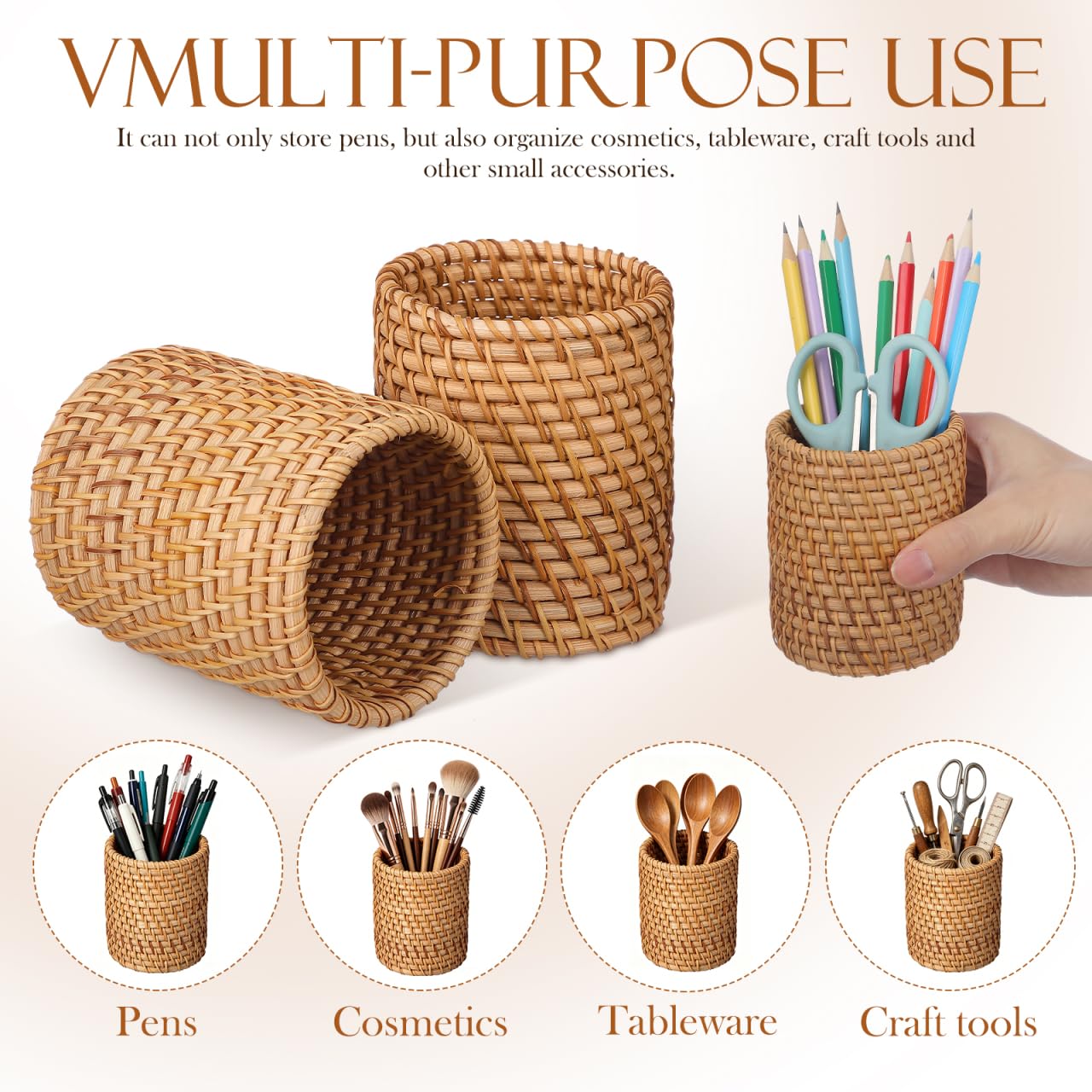SEWACC 2pcs Rattan Pencil Holder, Handmade Wicker Pen Cups, Boho Pencil Organizer, Makeup Brush Storage for Desktop, Home Office Use