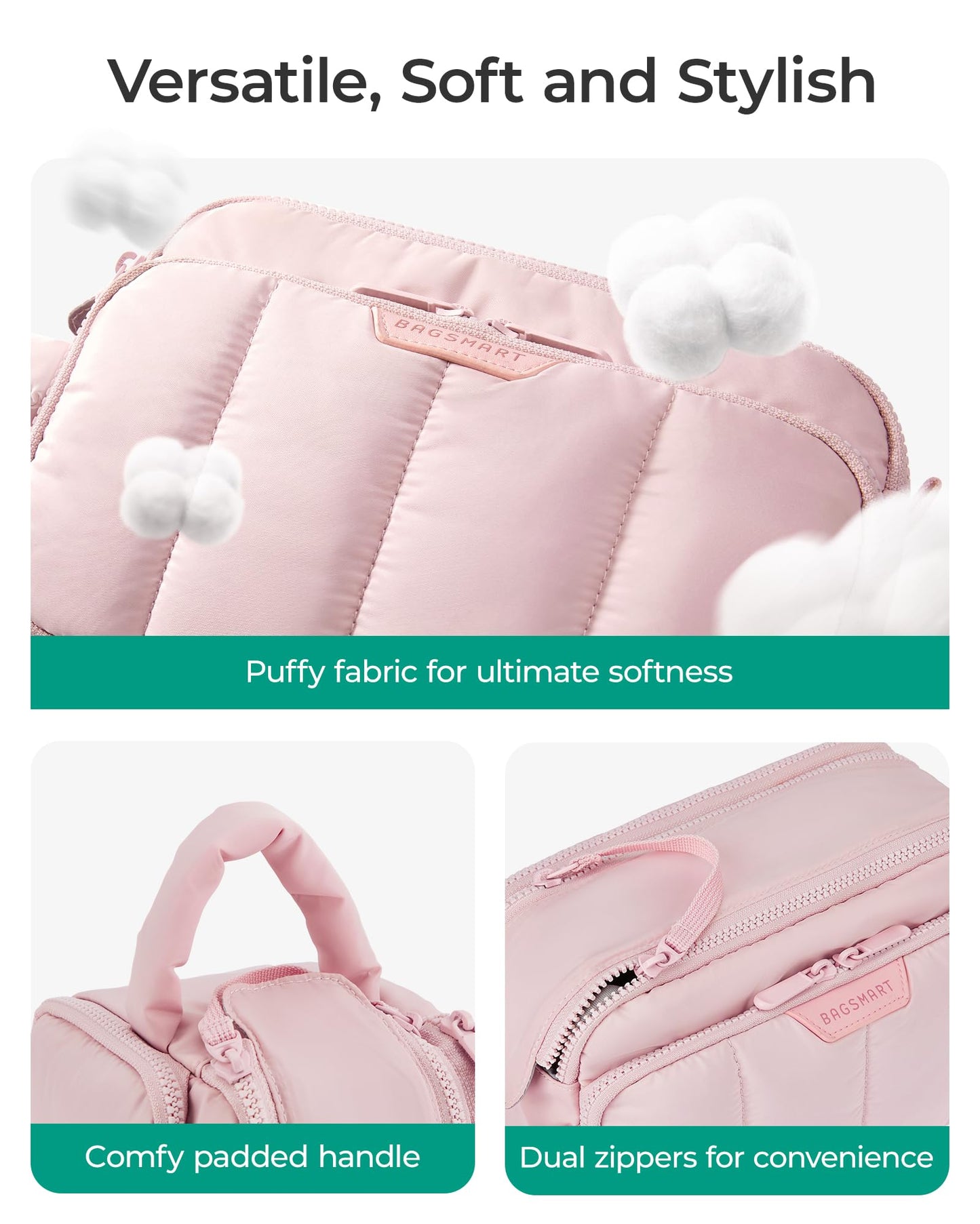 BAGSMART Travel Makeup Bag Organizer, Puffy Make Up Bag, Cosmetic Organizer Case for Travel Essentials Toiletries Accessories Bottles, Brushes (Pink)