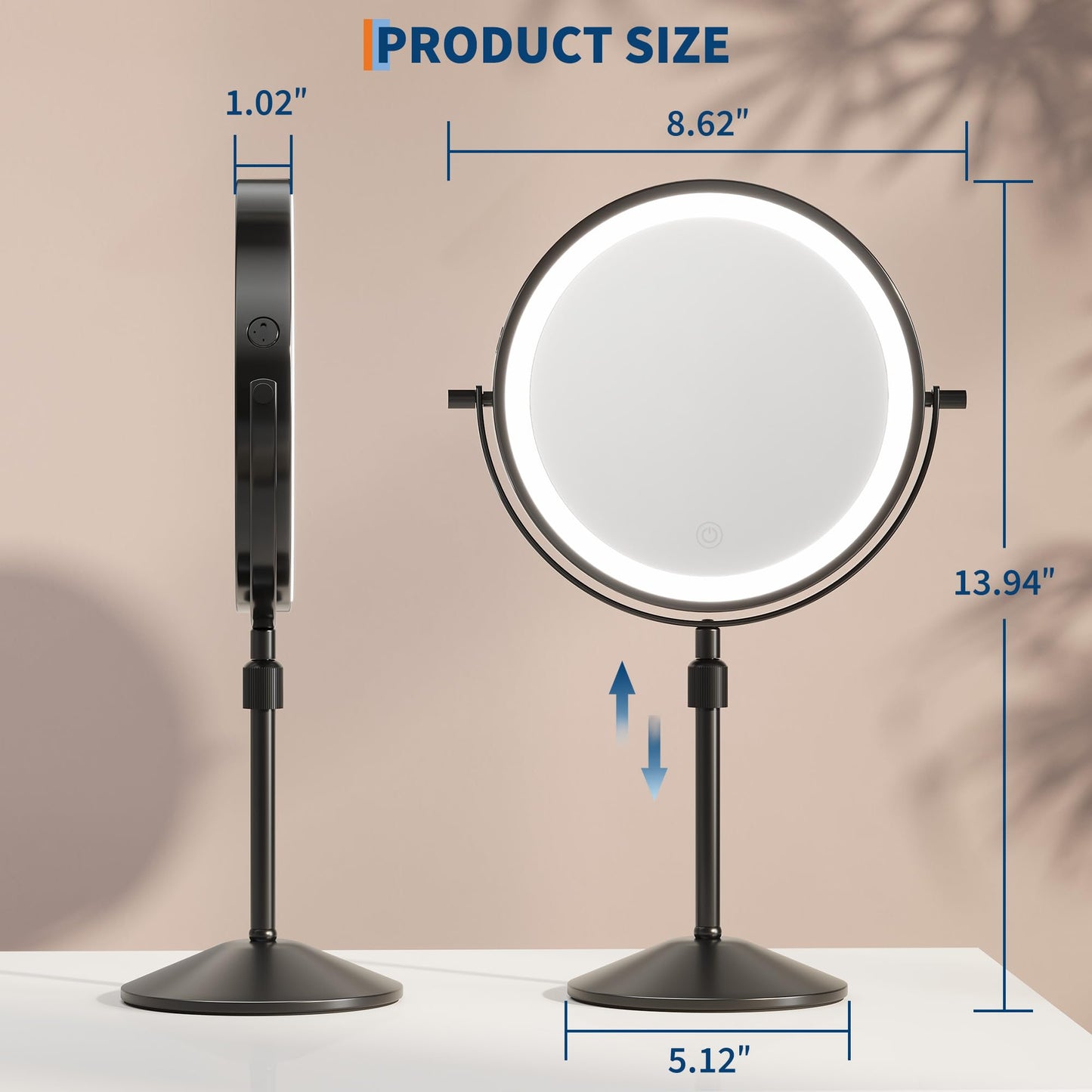 Garvee Lighted Makeup Mirror, Rechargeable Height Adjustable Double Sided Mirror, 1x/10x True HD Magnifying with 3 Color, Brightness Adjustable, 360° Rotation Vanity, Gift for Women, Black