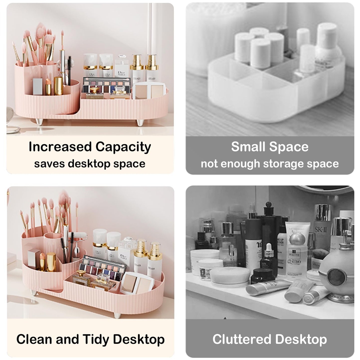 Pink Rotating Vanity Organizer with Brush Holder - Large Spinning Cosmetic Storage, Countertop Makeup & Skincare Organizer, Perfume & Lotions Display Case