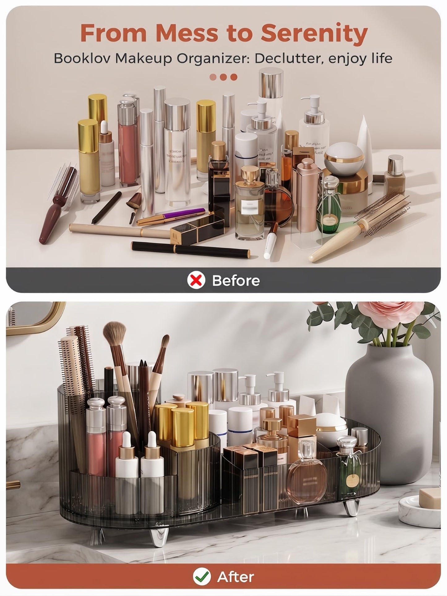 Booklov Rotating Makeup Organizer for Vanity, Large Capacity Cosmetic Display Case, Clear Acrylic Countertop Beauty Storage Holder for Skincare, Brush Eyeshadow Lipstick, Counter Desk, Crystal Black