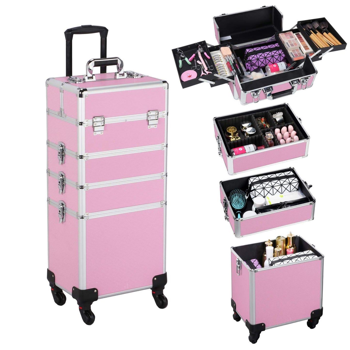 Topeakmart 4 in 1 Professional Makeup Rolling Case, Large Aluminum Cosmetic Train Case, Makeup Tavel Case Travel Beauty Organizer - Pink - with Removeable Wheels