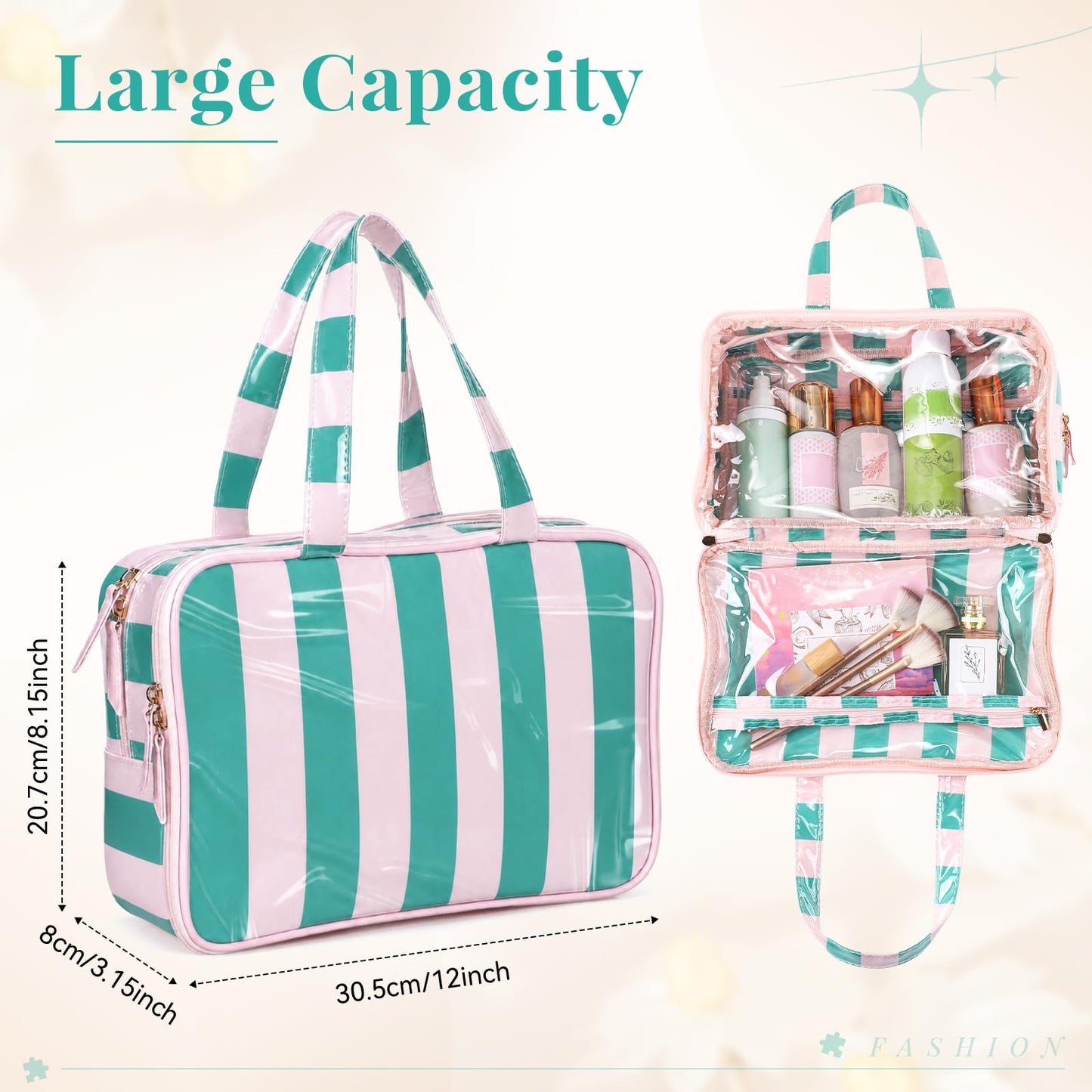 SilTriangle Travel Toiletry Makeup Bag for Women, Striped Waterproof Polyester Cosmetic Bag with Handle, Portable Organizer Case with Fold-out Compartments for Skincare, Conditioner, Brushes(Green)