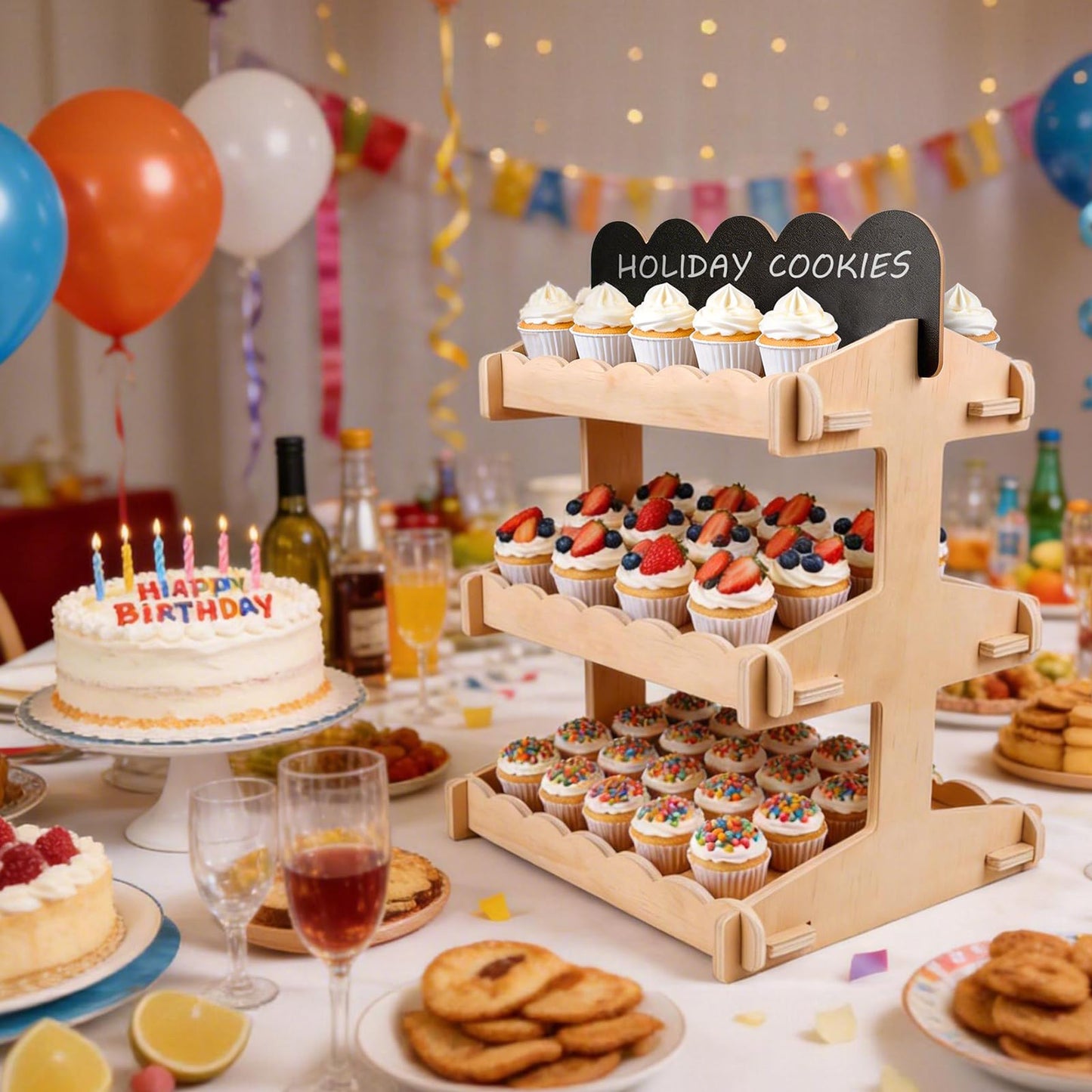 Idcymoul Cookie Display Stand, 3 Tiered Sturdy Wooden Stand with Chalkboard Sign for Bakers, Vendor Booths, Craft Fairs & Farmers Markets, 6.5inch Interval Display for Cookies, Cupcakes & Pastries