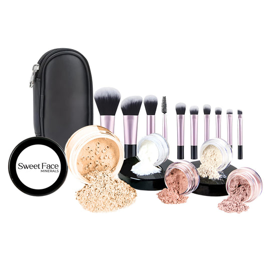 16pc Beginner Mineral Makeup STARTER KIT with 10 BRUSH SET (5gm)Sample Size Foundation, Primer, Blush, Bronzer, Setting Powder for Learning, Occasional Use & First Time Users, Travel Size Kit (Fair 1)