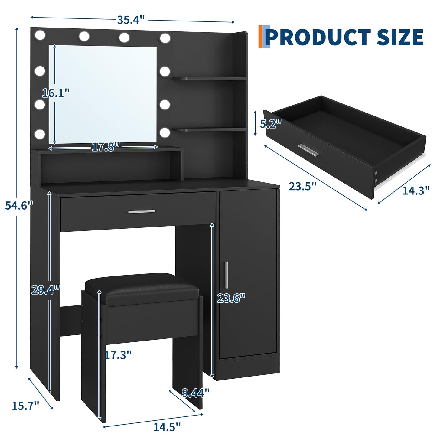 Garvee 35.4-Inch Vanity with Mirror, Featuring Three-Level Adjustable Lighting, a Drawer Unit, Shelves, an Outlet, and a Stool. a Compact Vanity Suitable for Living Rooms and Apartments – Black