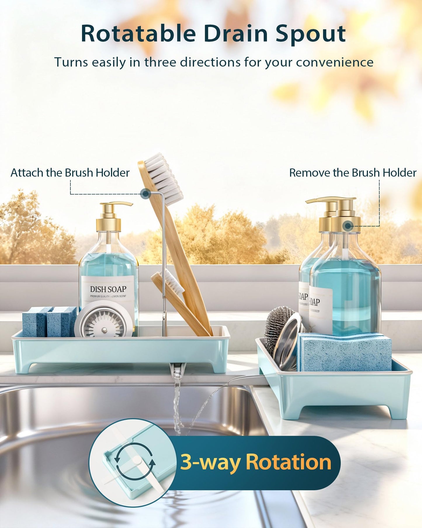 Caumic Minimalist Sink Caddy, Rustproof Sponge Holder for Kitchen Sink with 304 Stainless-Steel Brush Holder, Countertop Rack Organizer with Raised Ridges & Silicone Drain Tube (Pastel Blue, Large)