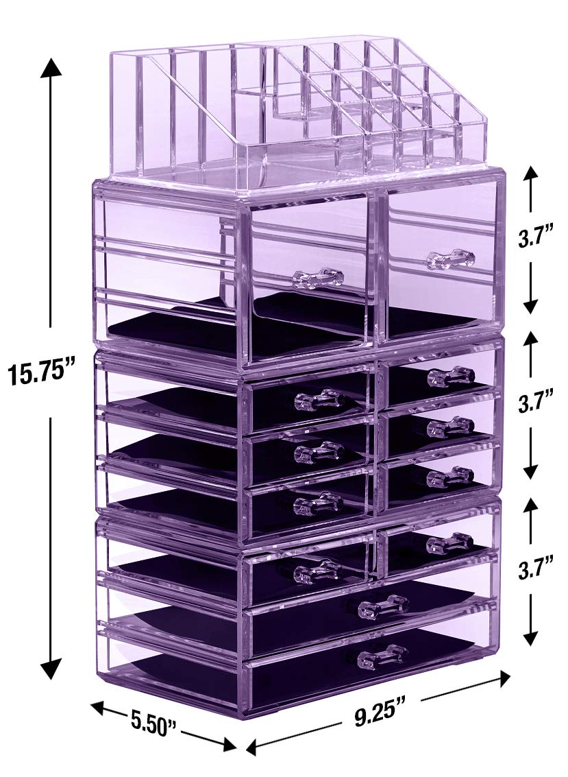 Sorbus Large Makeup Organizer - Clear Stackable Jewelry & Makeup Organizer For Vanity, Bathroom Storage, Dresser - 12 Drawers Cosmetic Beauty Organizers and Storage with Lipstick, Makeup Brush Holder