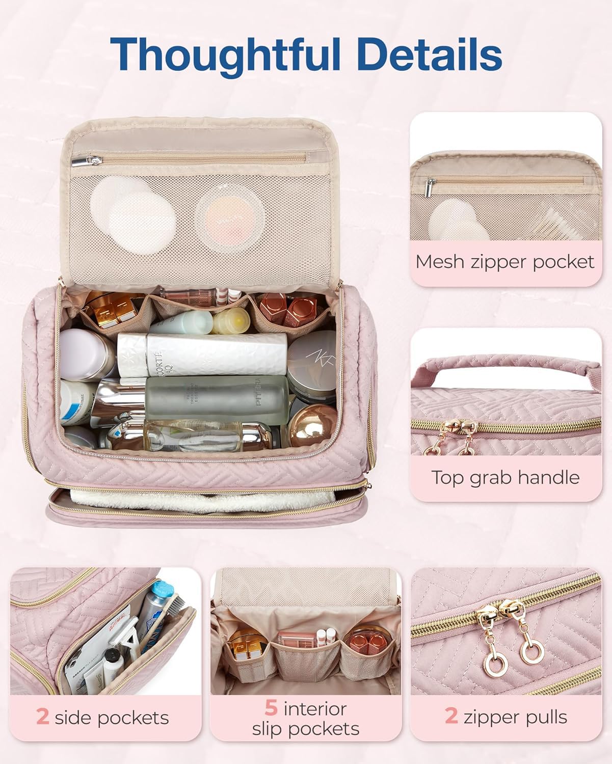 BAGSMART Travel Toiletry Bag, Large Wide-open Makeup Cosmetic Travel Bag for Toiletries with Handle, Pink-L