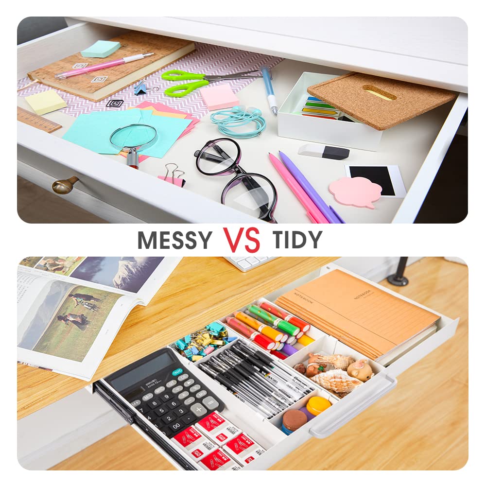 Large Size Under Desk Slide out Pencil Drawer White with Adjustable Space Divider Design for Storing Pencil and Office Accessories, Underdesk Pull out Tray Organizer Mounted for Sit Stand Workstation