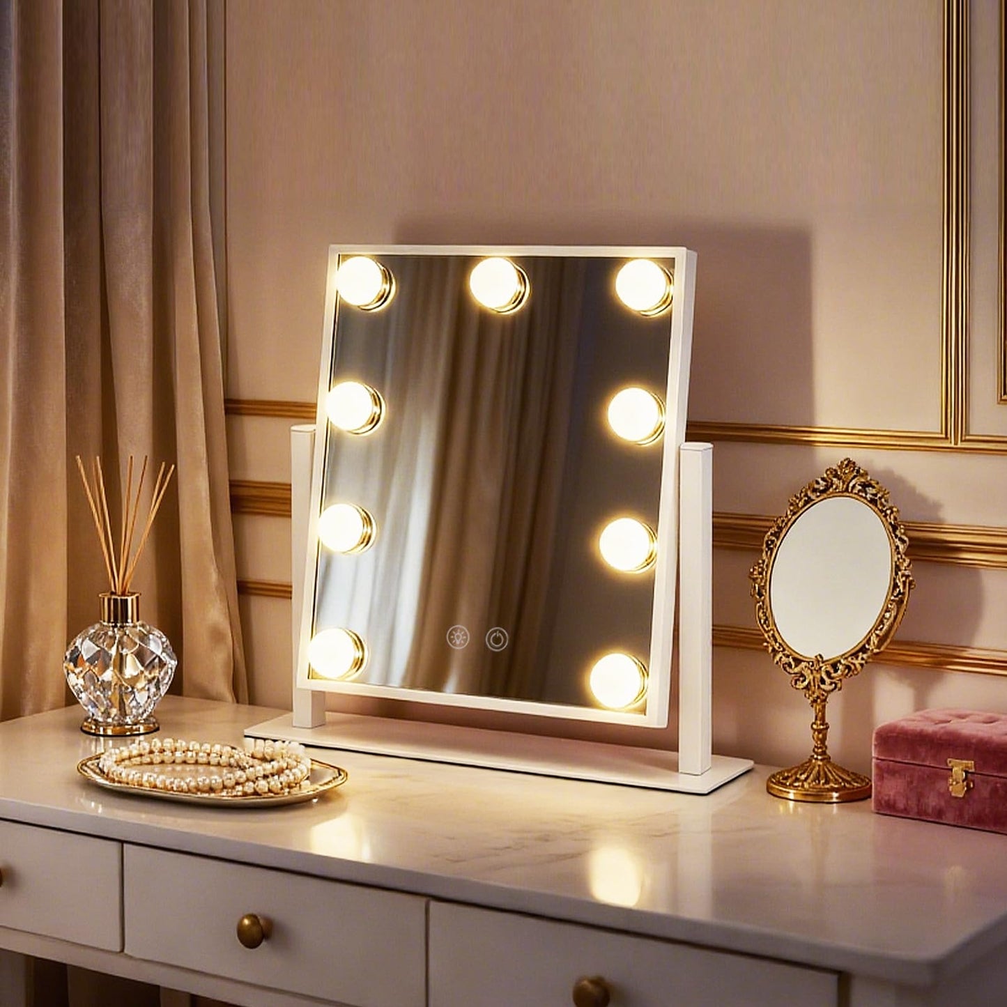 Vanity Mirror with Lights, Lighted Vanity Mirror with 9 Dimmable Bulbs for Dressing Room & Bedroom, 3 Color Lighting Modes, Detachable 10x Magnification 360°Ratation (White)