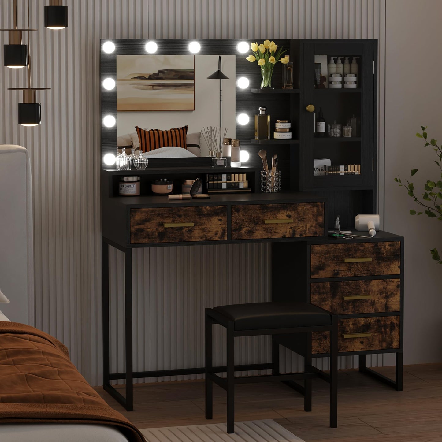 IDEALHOUSE Vanity Desk with Mirror and Lights, 43" Makeup Vanity Set with Stool, LED Lighted Mirror with 10 Bulbs, Drawers, Shelves & Charging Station, Dressing Table with Chair for Bedroom, Black