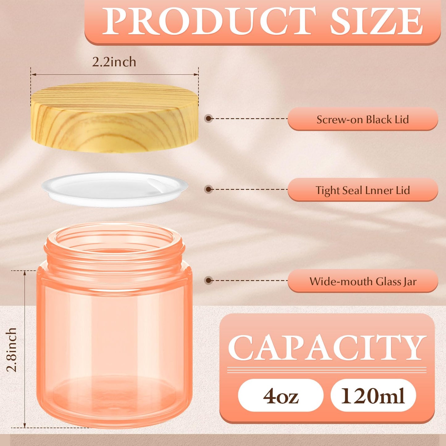 Norme 24 Pcs 4 oz Glass Jars with Lids Empty Small Glass Containers and Inner Liners Reusable Cosmetic Jars Round Airtight Bottles with Plastic Woodgrain Lids for Storing Lotion (Coral Pink)