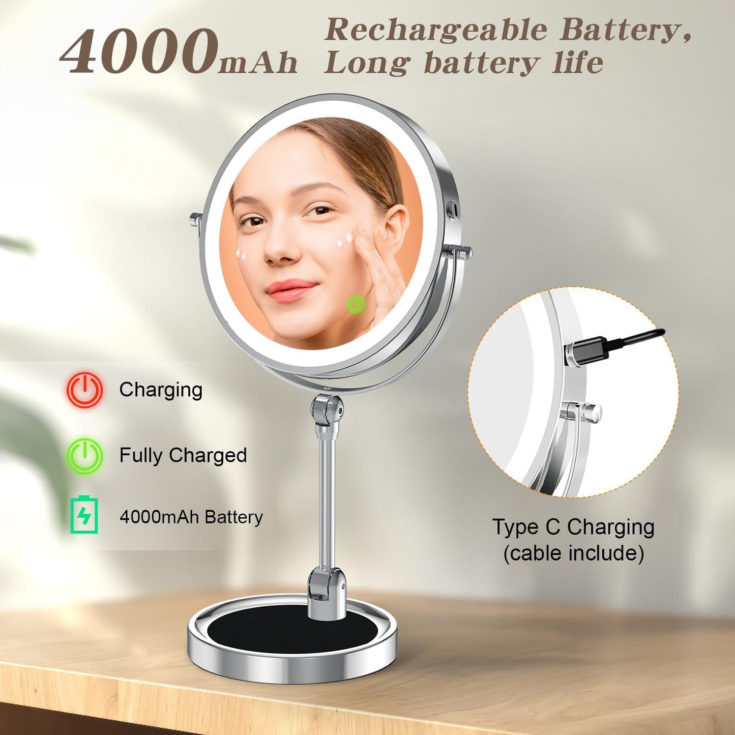 Rocollos Tabletop Makeup Mirror with Built-in Vanity Tray, 9" Rechargeable 4000mAh Lighted Vanity Mirror 1X/10X Magnification, Height-Adjustable Arm, 3 Color Dimmable (9Inch Chrome)