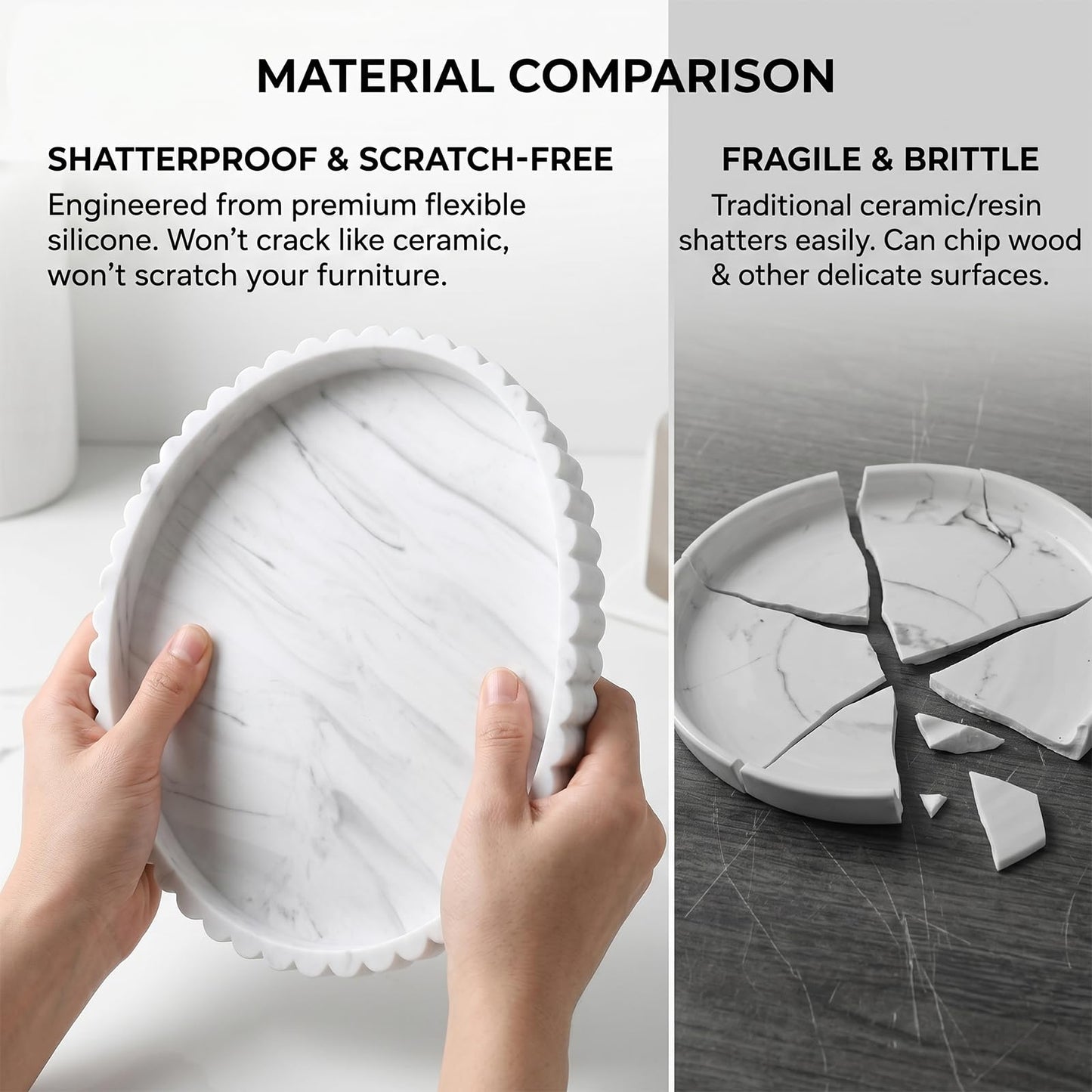HvOvMvE Round Silicone Vanity Tray White Marble 12 Inch Scalloped Organizer